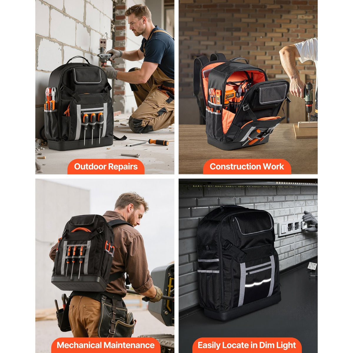Tool Backpack, 56 Pockets, Heavy-duty Tools Storage Organizer Bags with Molded Base, Electrician Jobsite Backpack for Construction Jobsite, Electrician, Industrial, Repairman, and HVAC Techs
