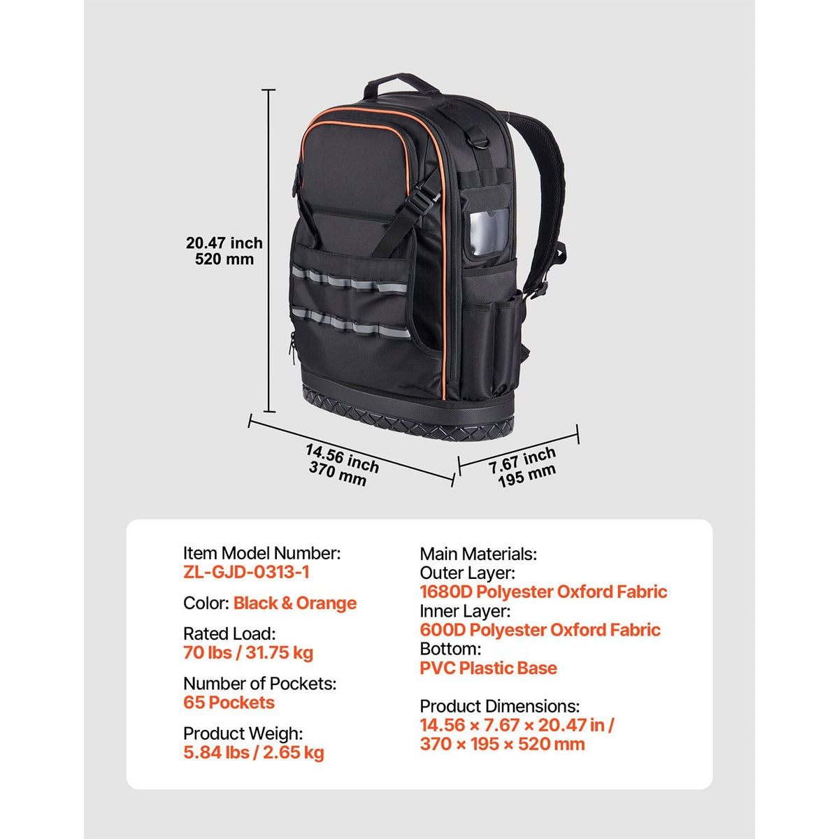 Tool Backpack, 65 Pockets, Heavy-duty Tools Storage Organizer Work Bags with Laptop Compartment & Molded Base, Electrician Jobsite Backpack for Electrician, Repairman, and HVAC Techs