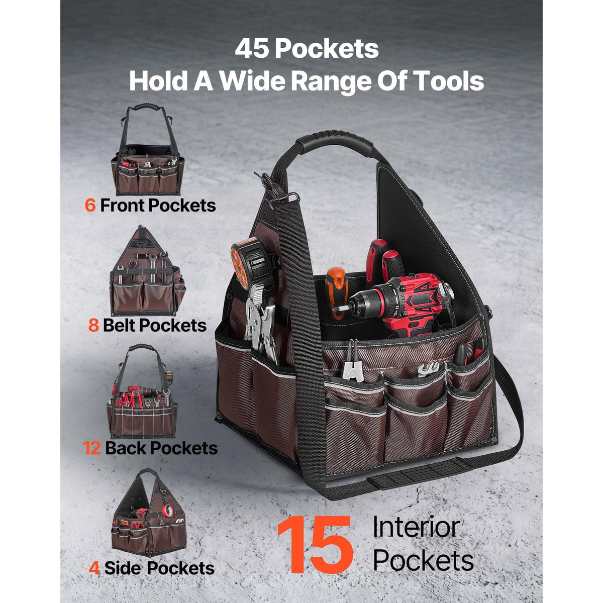 Tool Bag, 13 Inch, 45-Pocket Open Top Tool Tote, Electrical Maintenance Toolbox Organizer Storage with Handle, Adjustable Shoulder Strap, Portable Toolbag, for Professionals DIY & Jobsite Use