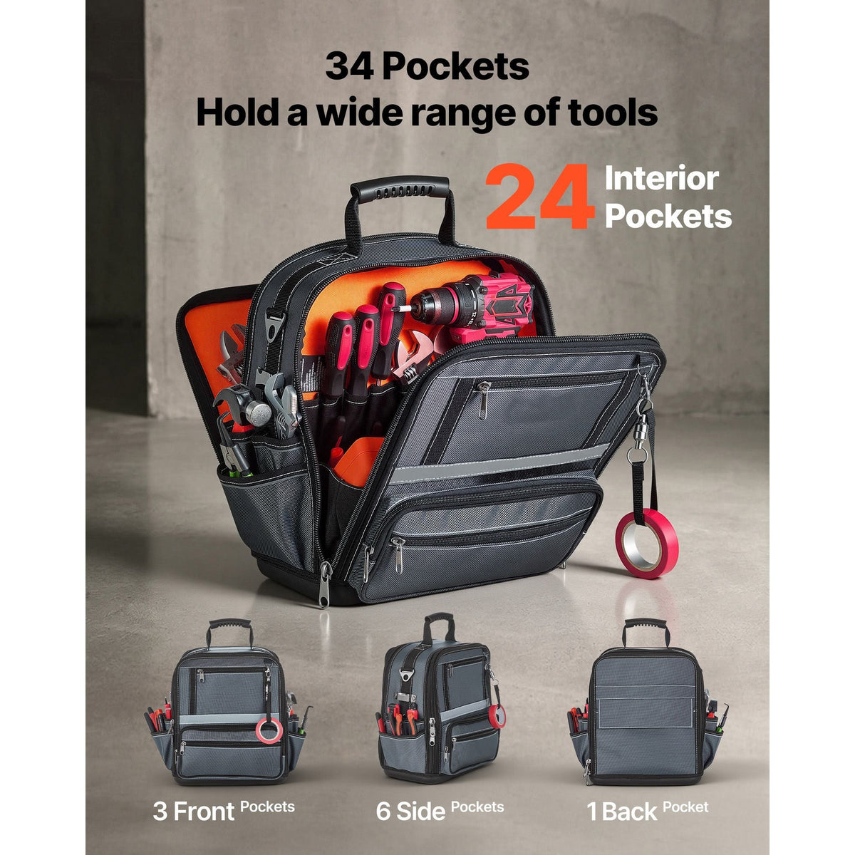 Tool Bag, 13.2 Inch, 34-Pocket Portable Large Tool Box Organizer Storage, Carry Toolbox with Hard Plastic Base, Large Zipper, Adjustable Shoulder Strap, for Men Women Dad Husband Fathers Day