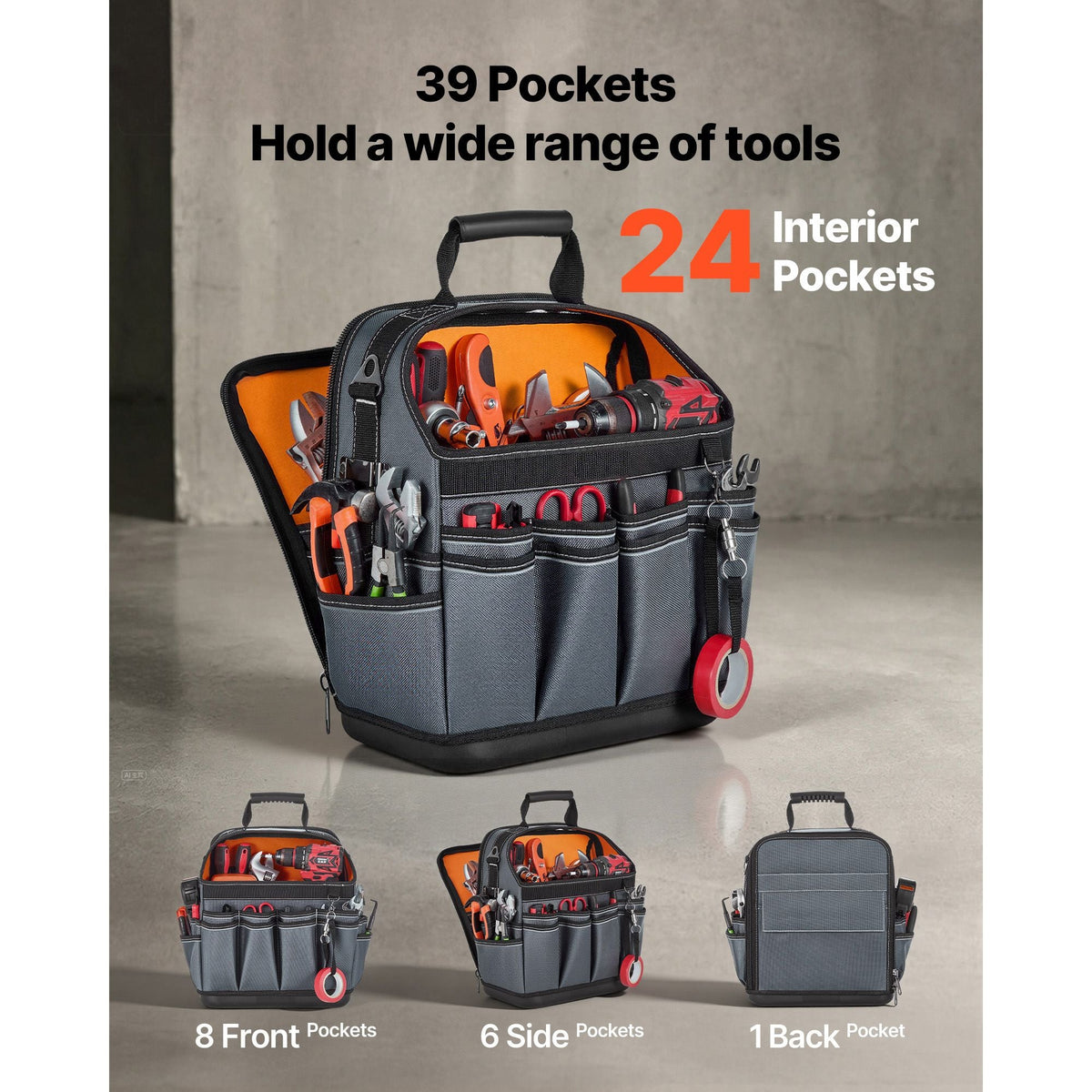 Tool Bag, 13.2 Inch, 39-Pocket Open Top Tool Pouch, Portable Electrical Maintenance Toolbox Organizer Storage with Hard Plastic Base, Adjustable Shoulder Strap, for Professionals DIY & Jobsite