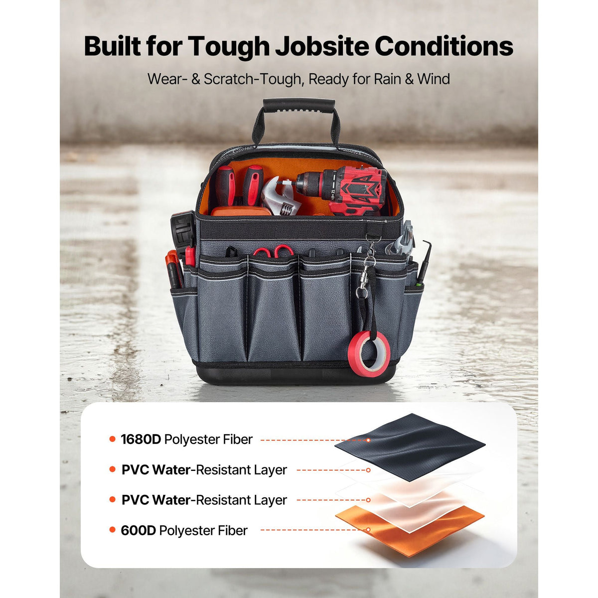 Tool Bag, 13.2 Inch, 39-Pocket Open Top Tool Pouch, Portable Electrical Maintenance Toolbox Organizer Storage with Hard Plastic Base, Adjustable Shoulder Strap, for Professionals DIY & Jobsite