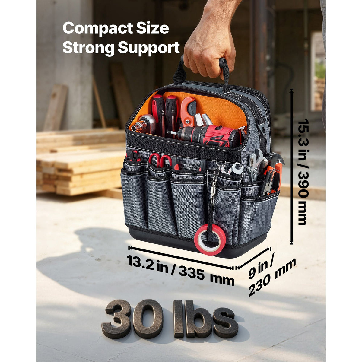 Tool Bag, 13.2 Inch, 39-Pocket Open Top Tool Pouch, Portable Electrical Maintenance Toolbox Organizer Storage with Hard Plastic Base, Adjustable Shoulder Strap, for Professionals DIY & Jobsite