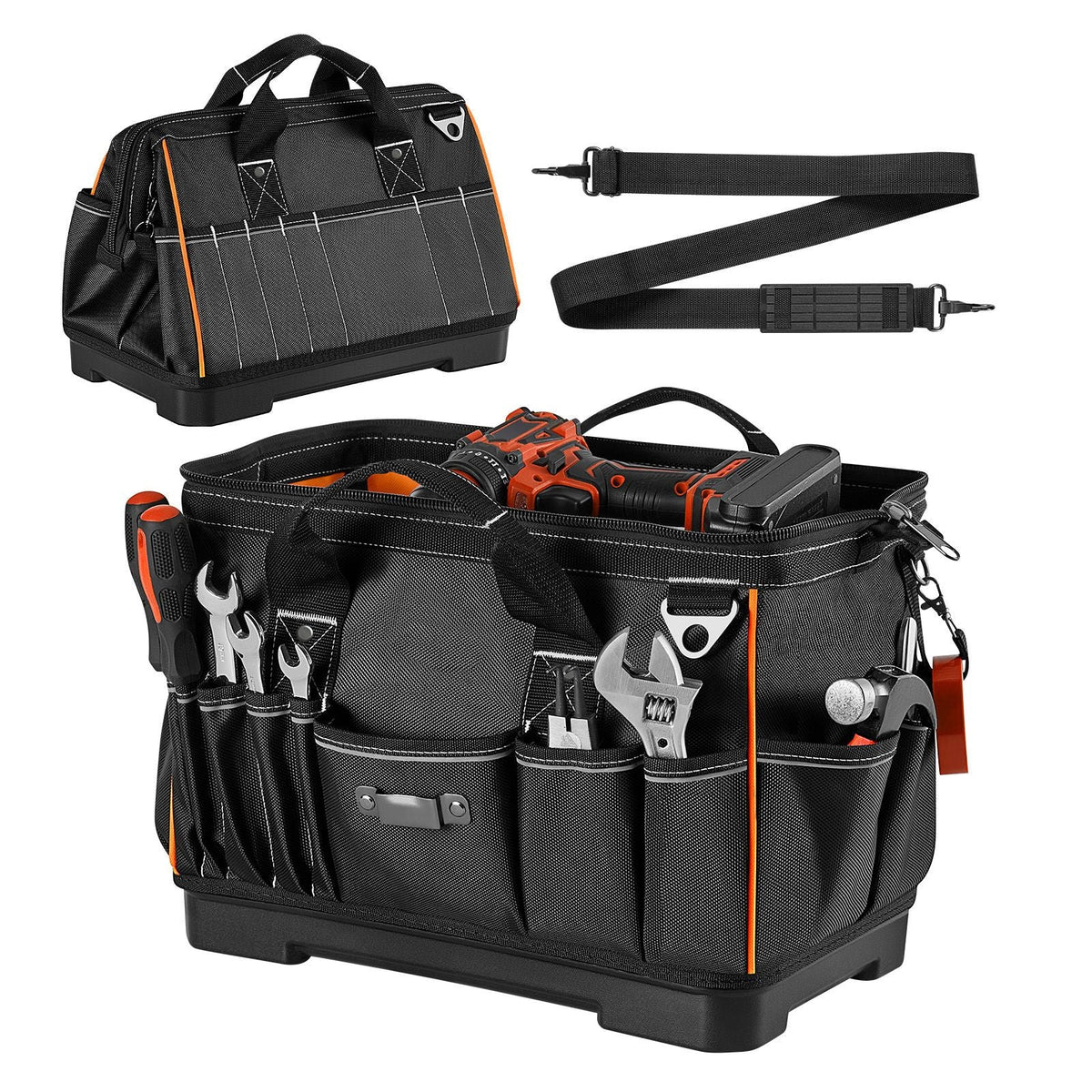 Tool Bag, 16.1 Inch, 33-Pocket Portable Large Tool Box Organizer Storage, Toolbox with Water-Resistant Base, Zipper, Adjustable Shoulder Strap Toolbag, for Men Women Dad Husband Fathers Day
