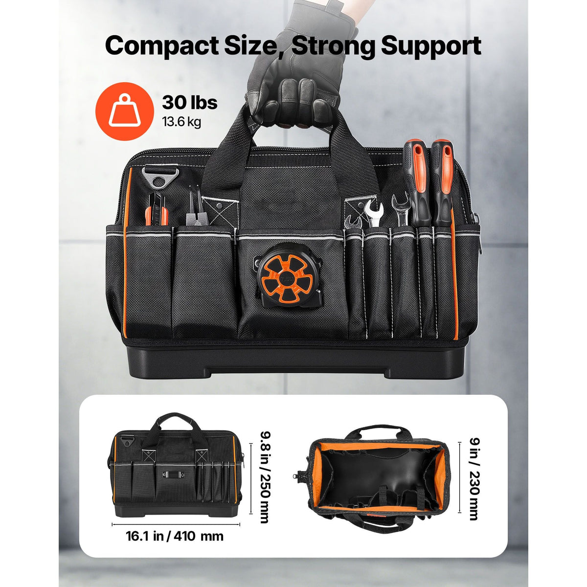 Tool Bag, 16.1 Inch, 33-Pocket Portable Large Tool Box Organizer Storage, Toolbox with Water-Resistant Base, Zipper, Adjustable Shoulder Strap Toolbag, for Men Women Dad Husband Fathers Day