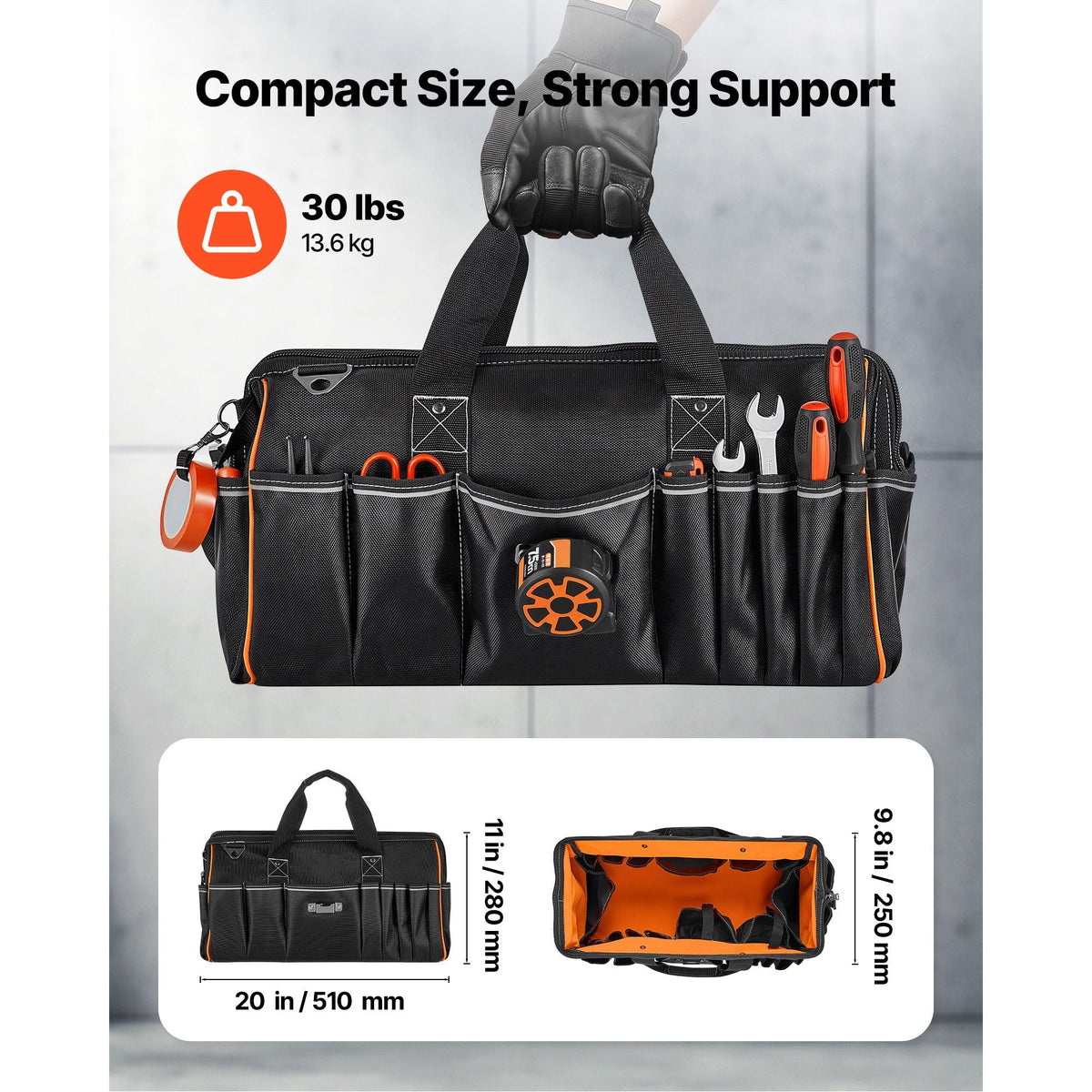 Tool Bag, 20 Inch, 33-Pocket Portable Large Tool Box Organizer Storage, Toolbox with Big Zipper, Adjustable Shoulder Strap, Water-Resistant Carry Toolbag, for Men Women Dad Husband Fathers Day