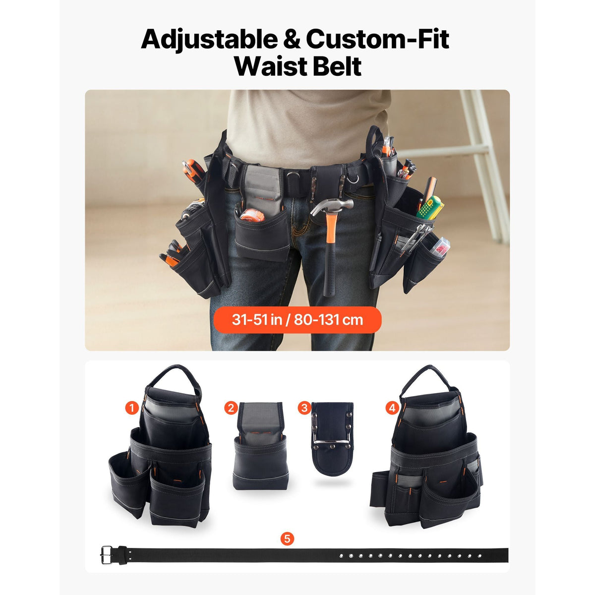 Tool Belt, 18 Pockets Professional Tool Pouch for Men, Heavy Duty Adjustable Utility Belt Detachable Work Bag for Electrician, Carpenter, Construction, Work Apron Organizer, Adjusts 31in to 51in