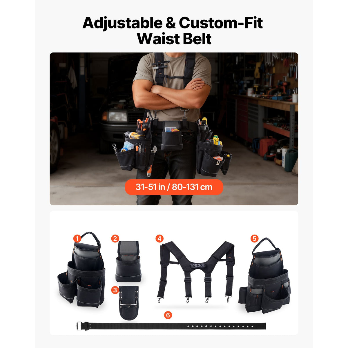 Tool Belt, 19 Pockets Tool Pouch with Suspenders for Men, Heavy Duty Adjustable Utility Belt Work Bag Detachable Suspension Rig for Electrician, Carpenter, Construction, Adjust Waist 31 to 51in