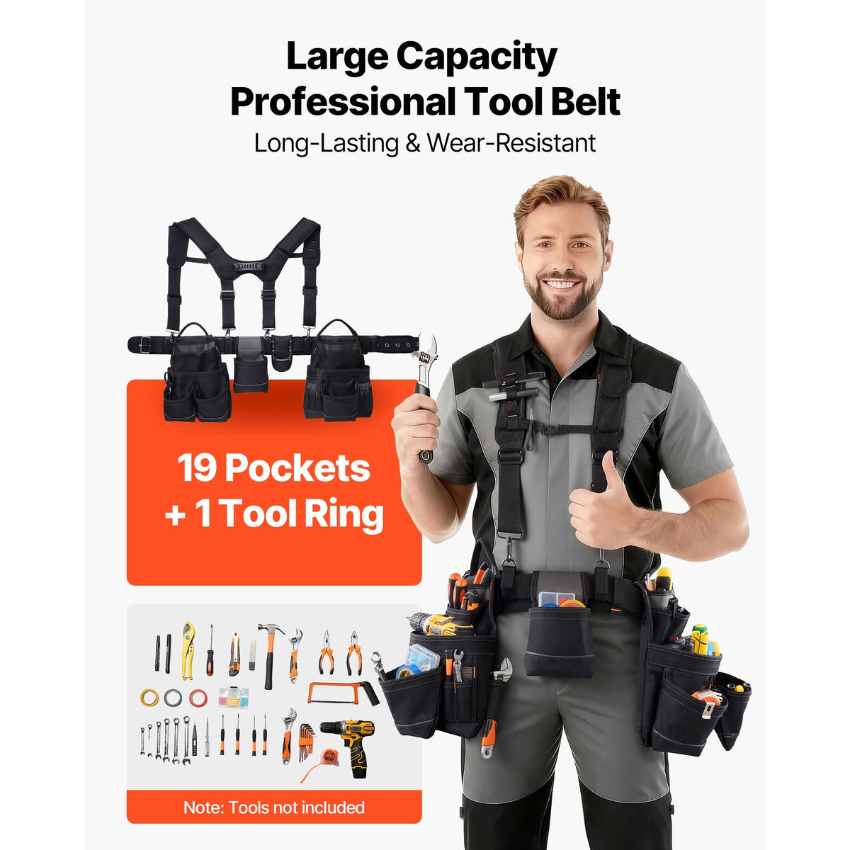 Tool Belt, 19 Pockets Tool Pouch with Suspenders for Men, Heavy Duty Adjustable Utility Belt Work Bag Detachable Suspension Rig for Electrician, Carpenter, Construction, Adjust Waist 31 to 51in