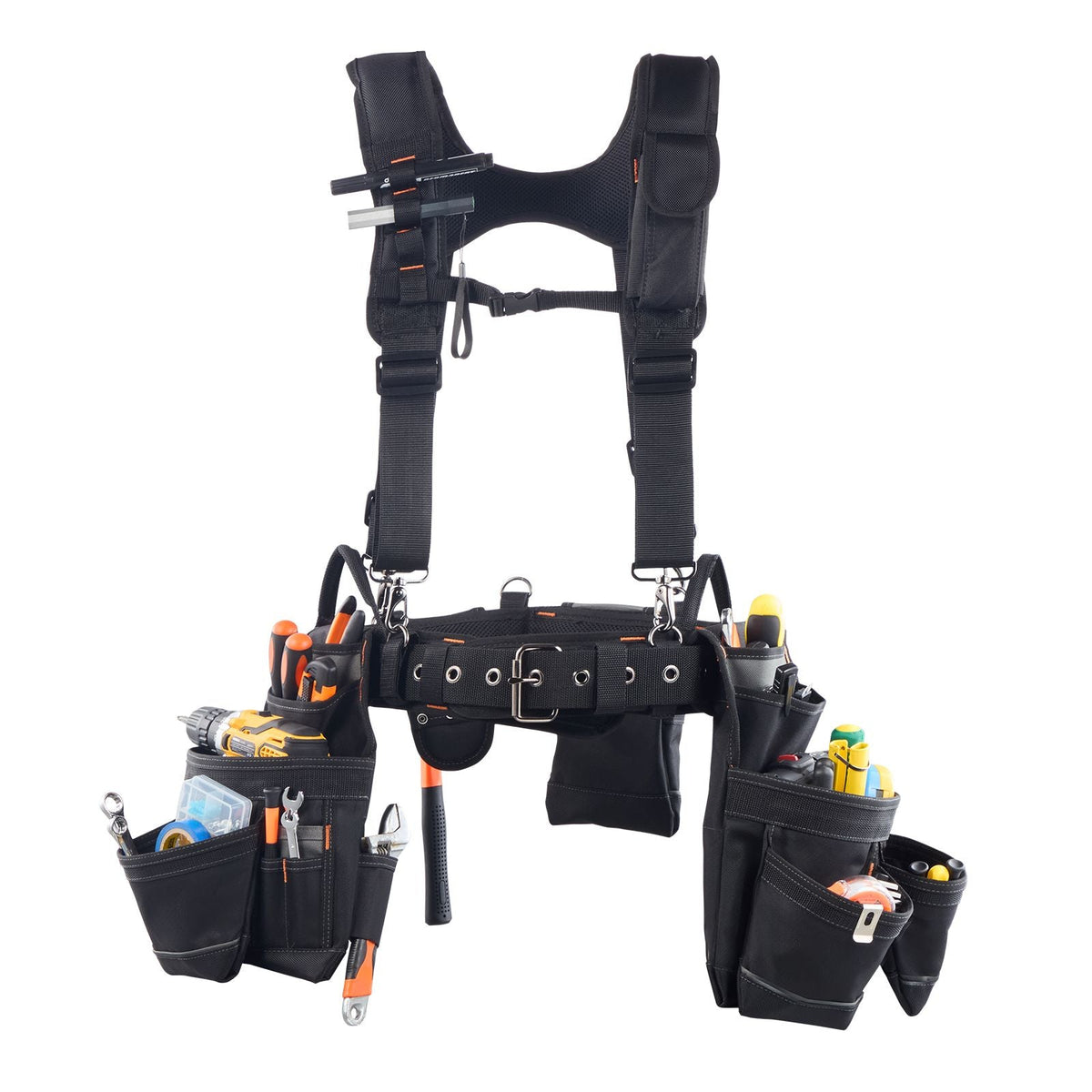 Tool Belt, 19 Pockets Tool Pouch with Suspenders for Men, Heavy Duty Adjustable Utility Belt Work Bag Detachable Suspension Rig for Electrician, Carpenter, Construction, Adjust Waist 31 to 51in