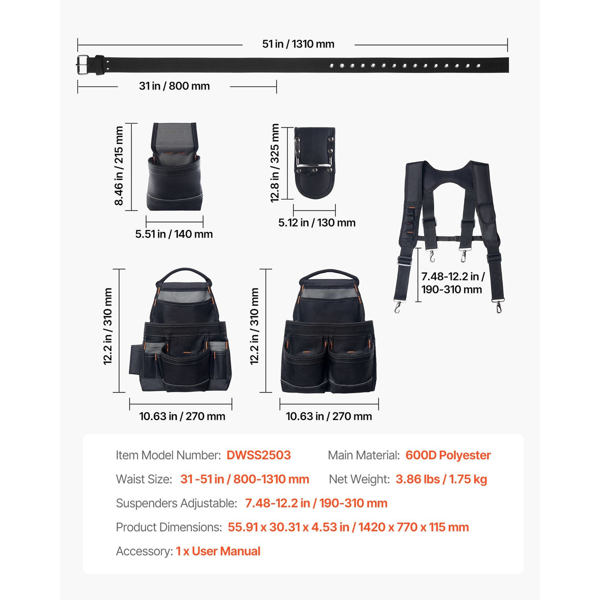 Tool Belt, 19 Pockets Tool Pouch with Suspenders for Men, Heavy Duty Adjustable Utility Belt Work Bag Detachable Suspension Rig for Electrician, Carpenter, Construction, Adjust Waist 31 to 51in