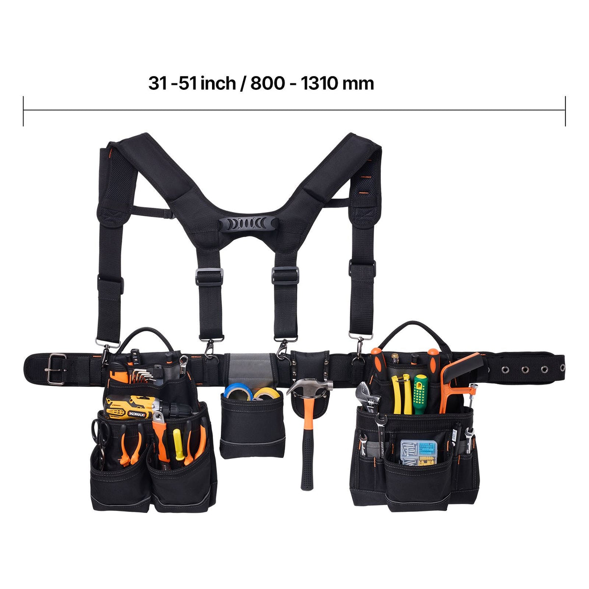 Tool Belt, 19 Pockets Tool Pouch with Suspenders for Men, Heavy Duty Adjustable Utility Belt Work Bag Detachable Suspension Rig for Electrician, Carpenter, Construction, Adjust Waist 31 to 51in