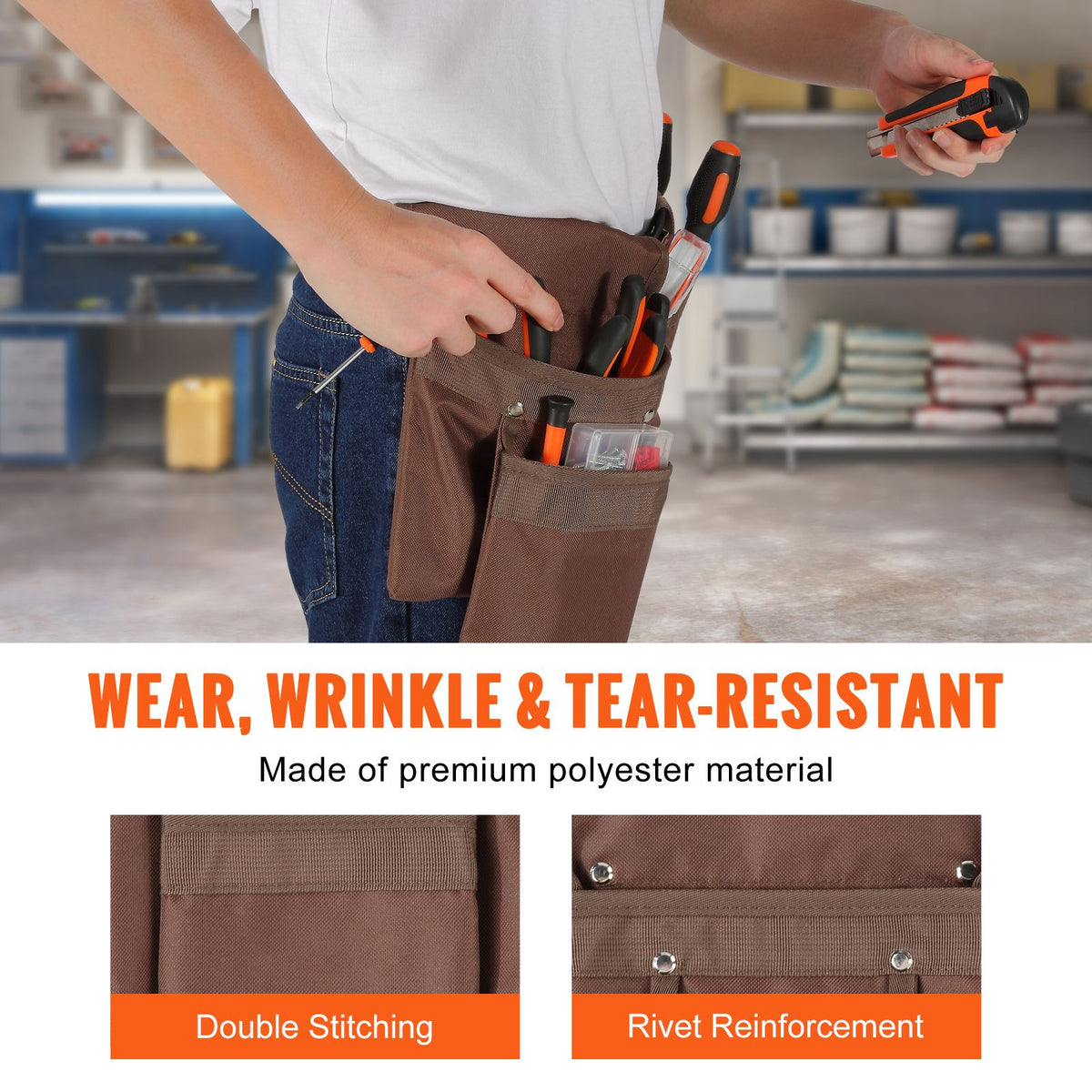 Tool Belt, Adjusts from 29 Inches to 54 Inches, Polyester Heavy Duty Tool Pouch Bag, Detachable Tool Bag for Electrician, Carpenter, Handyman, Woodworker, Construction, Framer, Brown