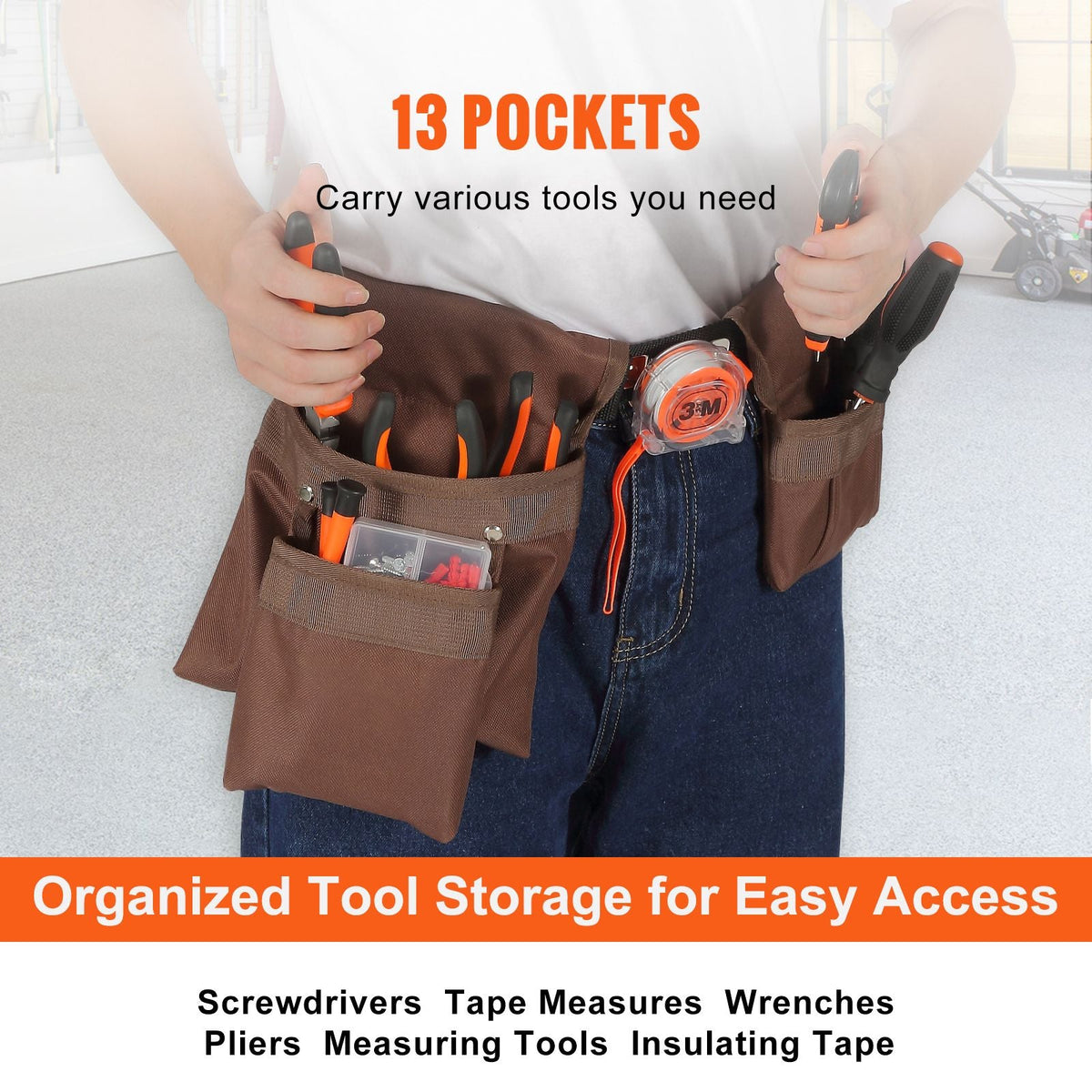 Tool Belt, Adjusts from 29 Inches to 54 Inches, Polyester Heavy Duty Tool Pouch Bag, Detachable Tool Bag for Electrician, Carpenter, Handyman, Woodworker, Construction, Framer, Brown