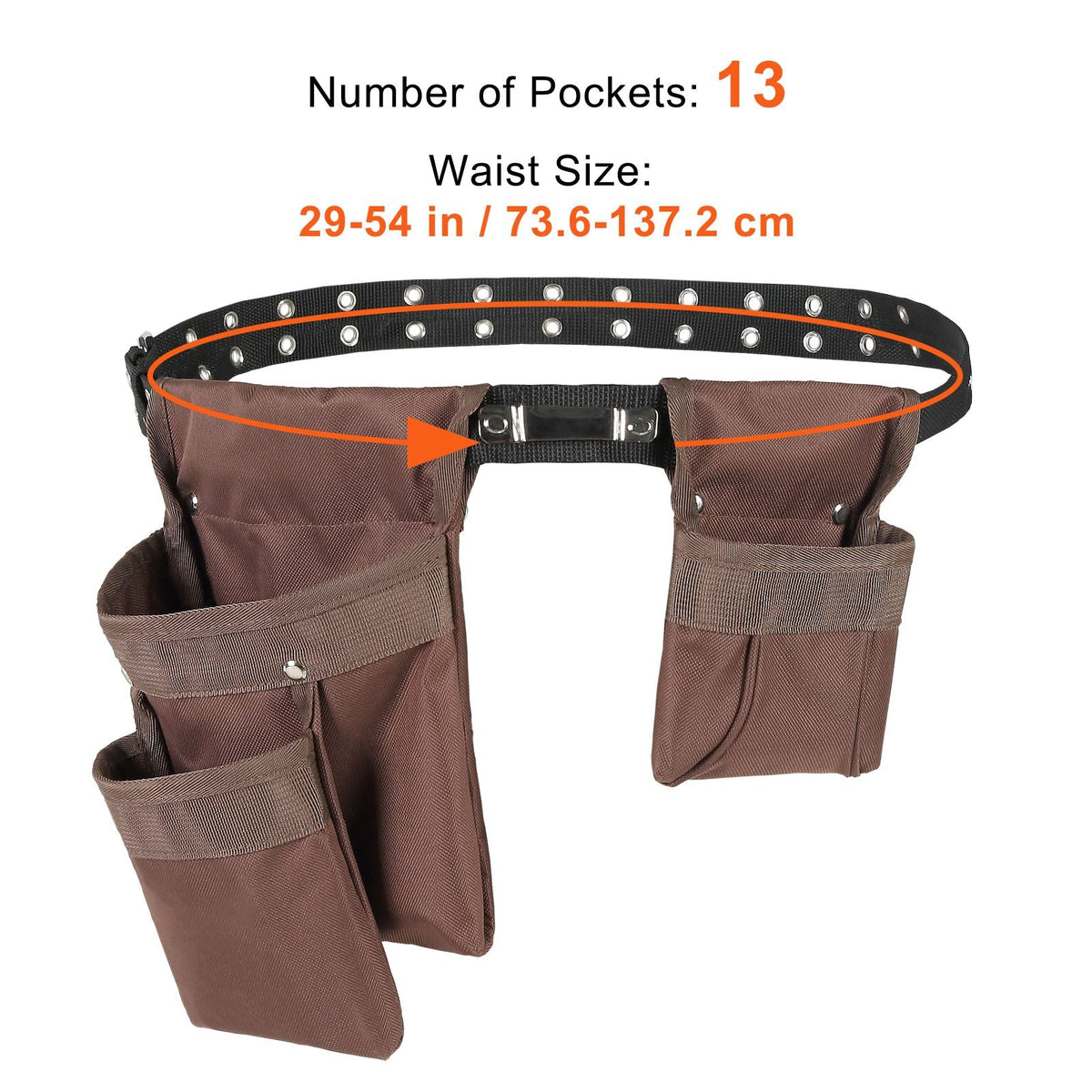 Tool Belt, Adjusts from 29 Inches to 54 Inches, Polyester Heavy Duty Tool Pouch Bag, Detachable Tool Bag for Electrician, Carpenter, Handyman, Woodworker, Construction, Framer, Brown