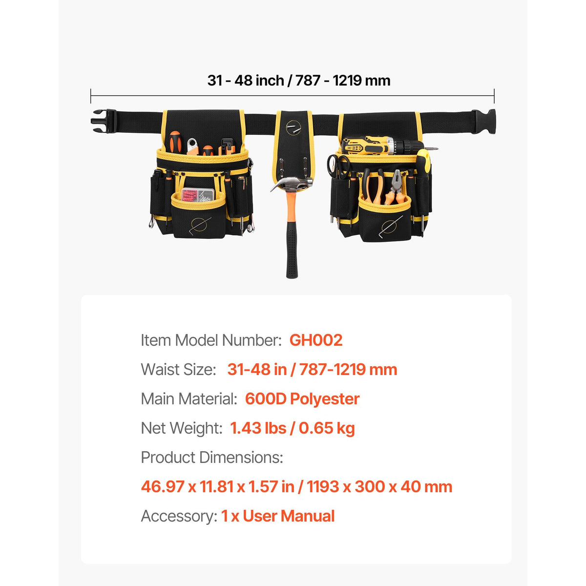 Tool Belt, Magnetic Tool Pouch for Men, 28 Pockets Heavy Duty Adjustable Utility Belt Detachable Work Bag for Electrician, Carpenter, Construction, Work Apron Organizer, Waist Adjust 31 to 48in