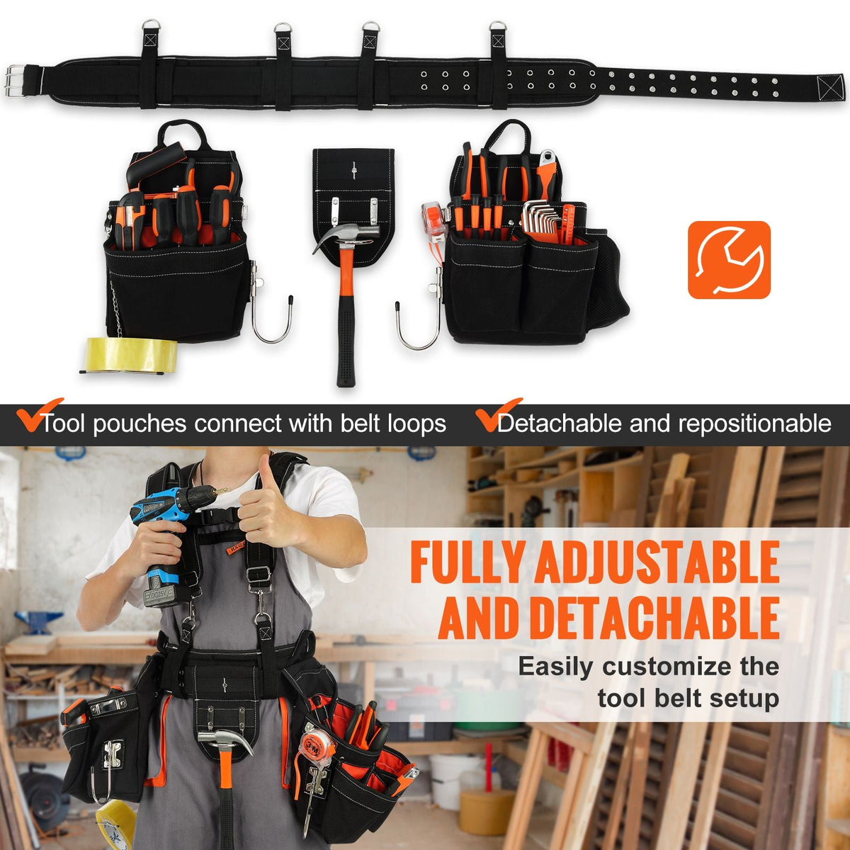 Tool Belt with Suspenders, 34 Pockets, 29-54 inches Adjustable Waist Size, Tool Belts for Men, 1250D Nylon Heavy Duty Carpenter Tool Pouch for Carpenters, Electricians, and Gardening, Black