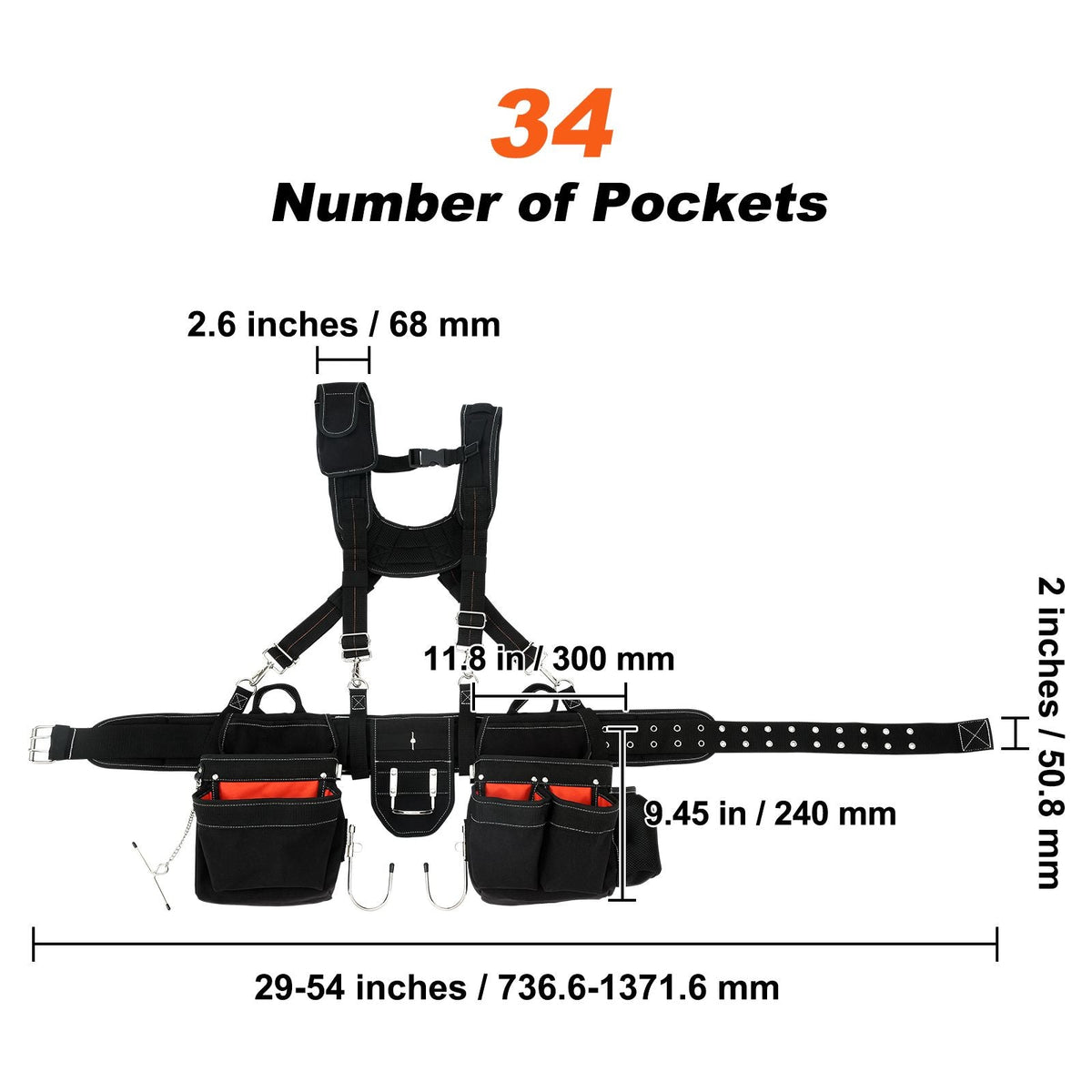 Tool Belt with Suspenders, 34 Pockets, 29-54 inches Adjustable Waist Size, Tool Belts for Men, 1250D Nylon Heavy Duty Carpenter Tool Pouch for Carpenters, Electricians, and Gardening, Black