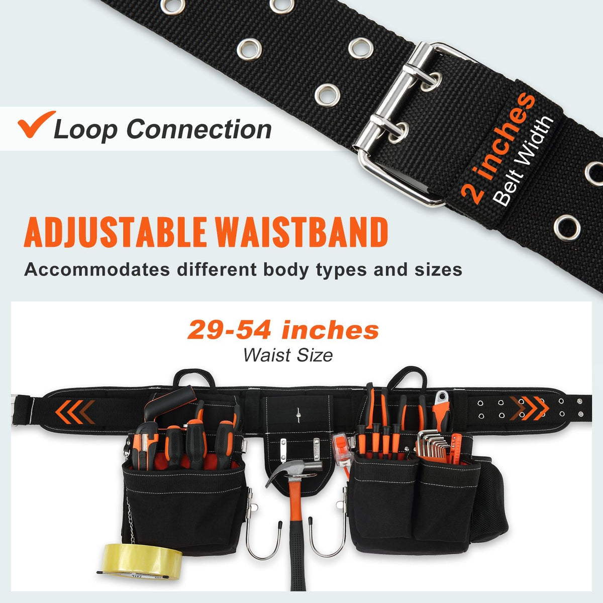 Tool Belt with Suspenders, 34 Pockets, 29-54 inches Adjustable Waist Size, Tool Belts for Men, 1250D Nylon Heavy Duty Carpenter Tool Pouch for Carpenters, Electricians, and Gardening, Black