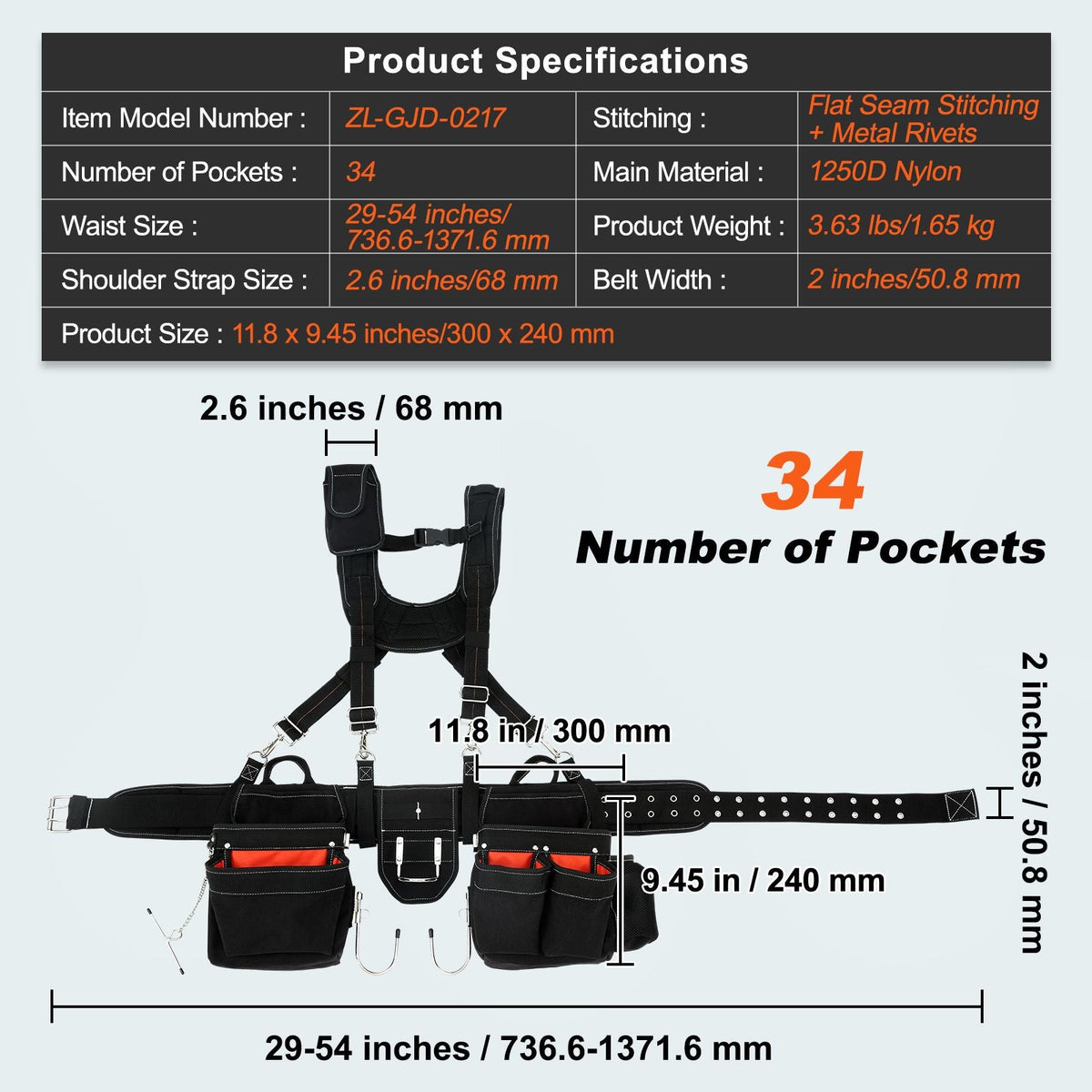 Tool Belt with Suspenders, 34 Pockets, 29-54 inches Adjustable Waist Size, Tool Belts for Men, 1250D Nylon Heavy Duty Carpenter Tool Pouch for Carpenters, Electricians, and Gardening, Black