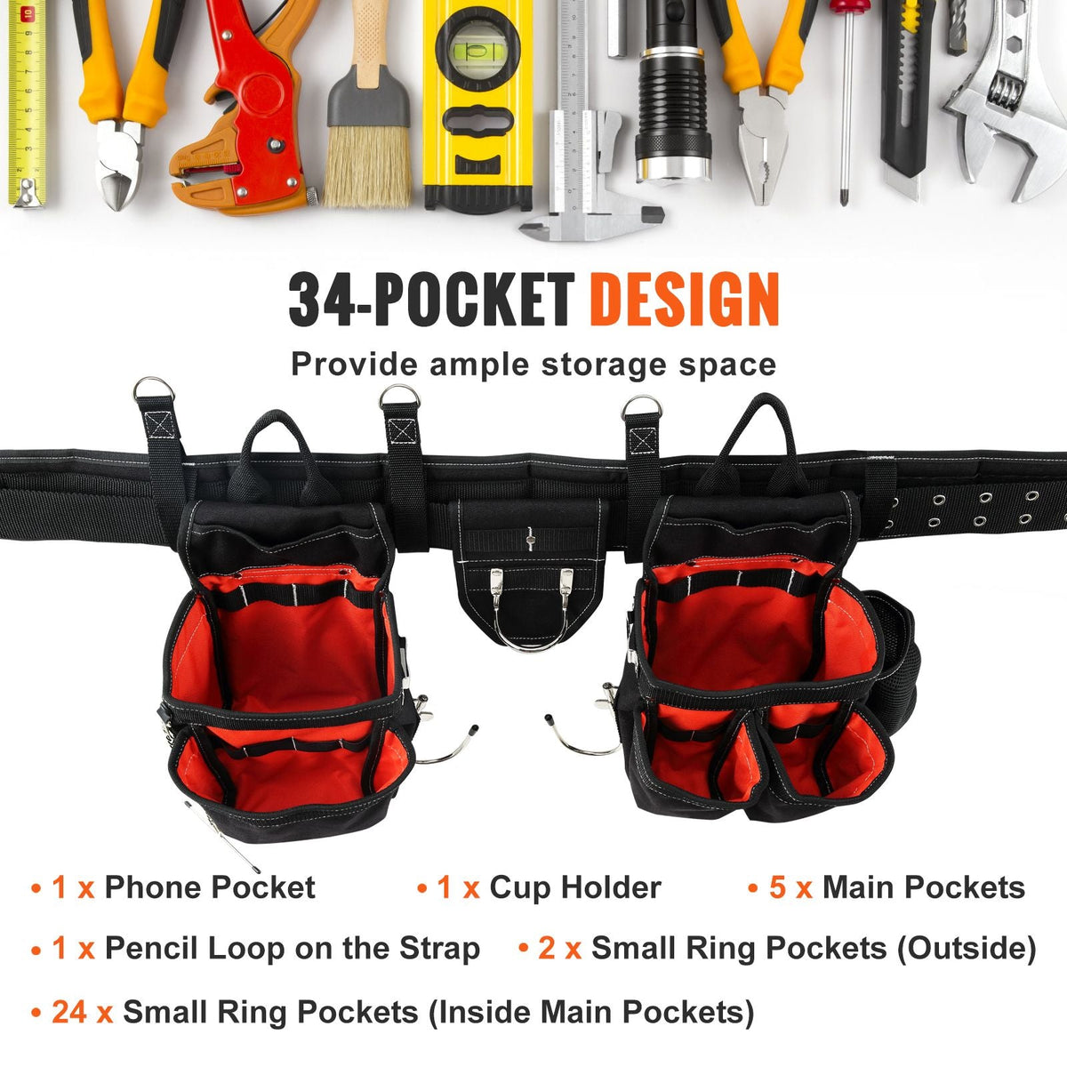 Tool Belt with Suspenders, 34 Pockets, 29-54 inches Adjustable Waist Size, Tool Belts for Men, 1250D Nylon Heavy Duty Carpenter Tool Pouch for Carpenters, Electricians, and Gardening, Black
