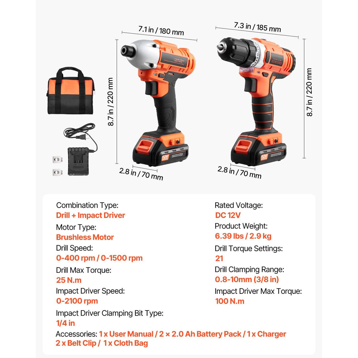 Tool Combo Kit, 12V Max Cordless 2-Tool Combo Kit, with 3/8 in Drill, 1/4 in Impact Driver, Compact Cordless Power Tool Combo Kit with 2.0 Ah Batteries, Screws, One Charger, and One Cloth Bag