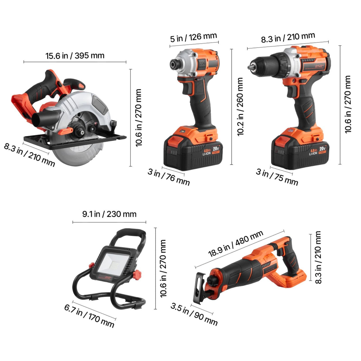 Tool Combo Kit, 20V Brushless 5-Tool Combo Kit, Cordless Power Tool Combo Kit, Cordless Drill and Impact Driver, with 4.0 Ah Batteries, Charger, Reciprocating Saw, Circular Saw, and Work Light