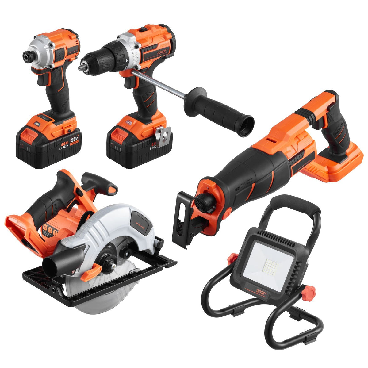 Tool Combo Kit, 20V Brushless 5-Tool Combo Kit, Cordless Power Tool Combo Kit, Cordless Drill and Impact Driver, with 4.0 Ah Batteries, Charger, Reciprocating Saw, Circular Saw, and Work Light