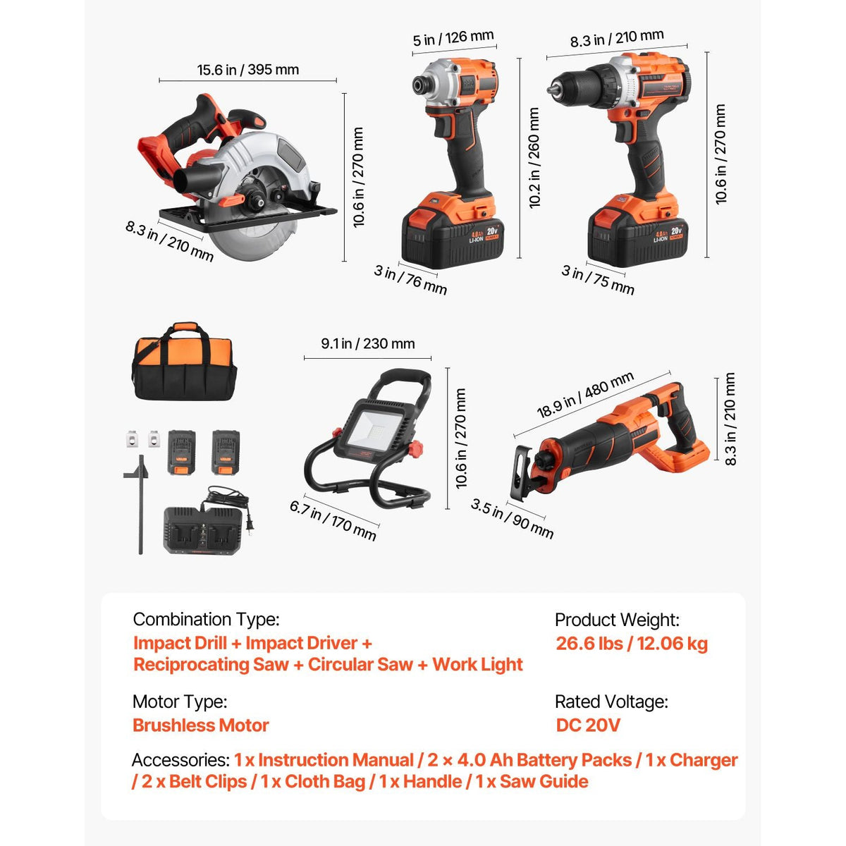 Tool Combo Kit, 20V Brushless 5-Tool Combo Kit, Cordless Power Tool Combo Kit, Cordless Drill and Impact Driver, with 4.0 Ah Batteries, Charger, Reciprocating Saw, Circular Saw, and Work Light