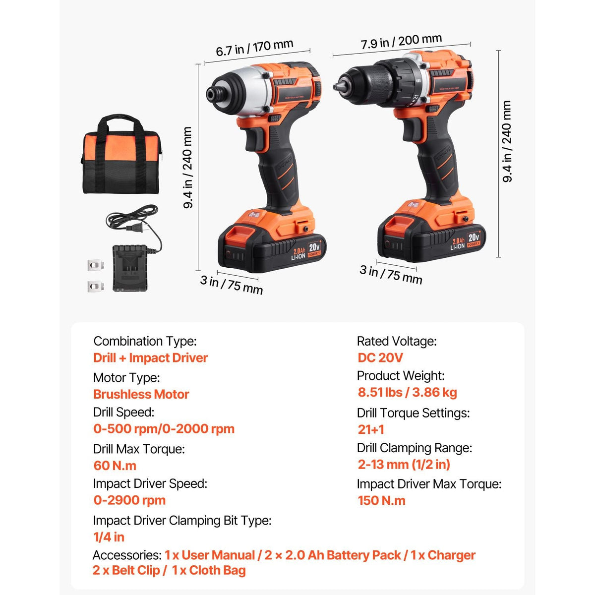 Tool Combo Kit, 20V Max Cordless 2-Tool Combo Kit, with 1/2 in Drill, 1/4 in Impact Driver, Compact Cordless Power Tool Combo Kit with 2.0 Ah Batteries, Screws, One Charger and One Cloth Bag