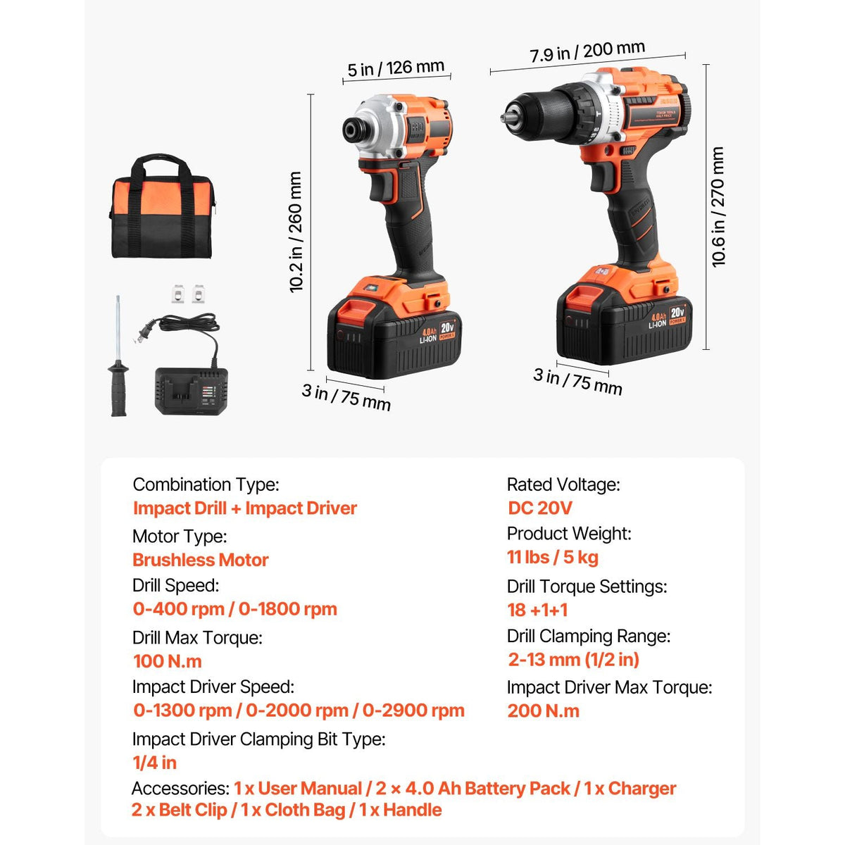 Tool Combo Kit, 20V Max Cordless 2-Tool Combo Kit, with 1/2 in Impact Drill, 1/4 in Impact Driver, Compact Cordless Power Tool Combo Kit with 4.0 Ah Batteries, Screws, Charger, and Cloth Bag