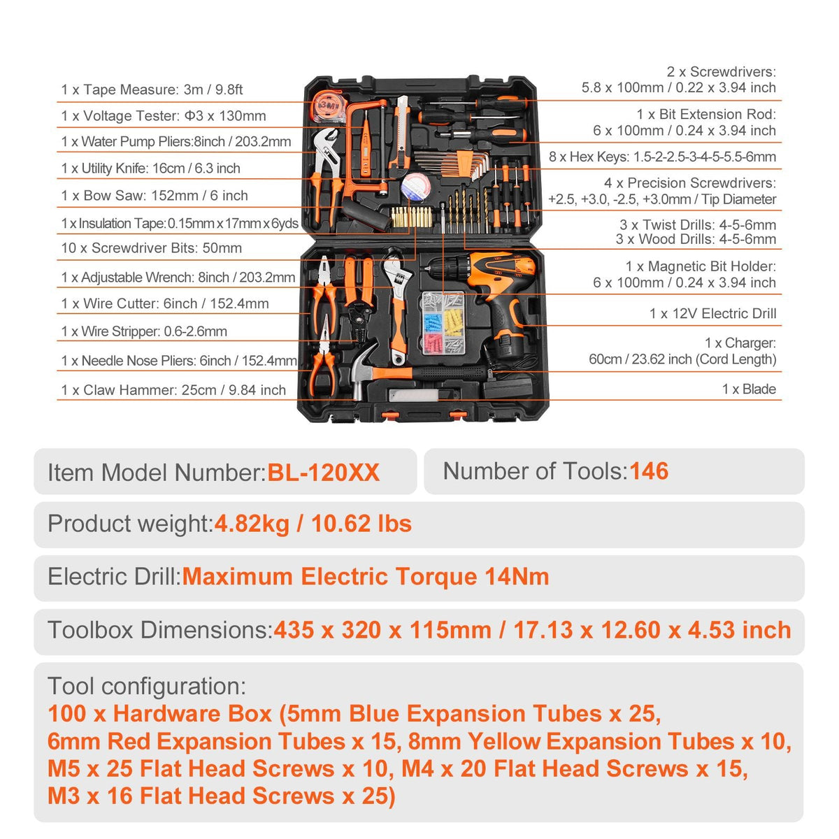 Tool Kit, 146 Piece General Household Hand Tool Set, with Electric Drill and Portable Tool Storage Case, High-Quality Steel, for Home Maintenance, DIY Projects, and Automotive Repair