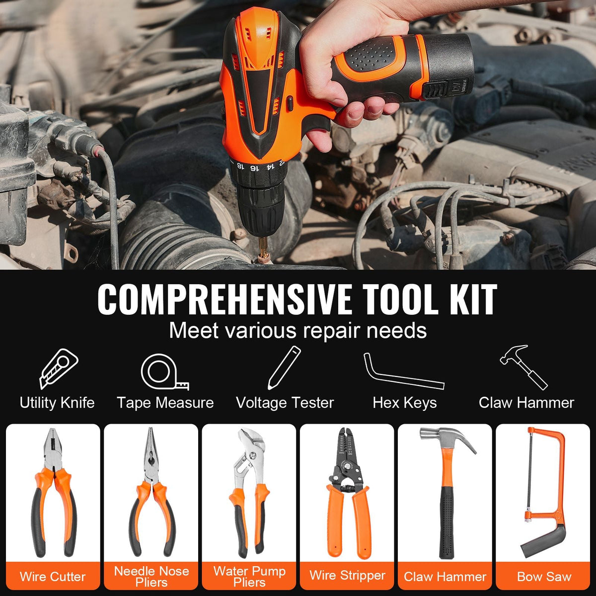 Tool Kit, 146 Piece General Household Hand Tool Set, with Electric Drill and Portable Tool Storage Case, High-Quality Steel, for Home Maintenance, DIY Projects, and Automotive Repair