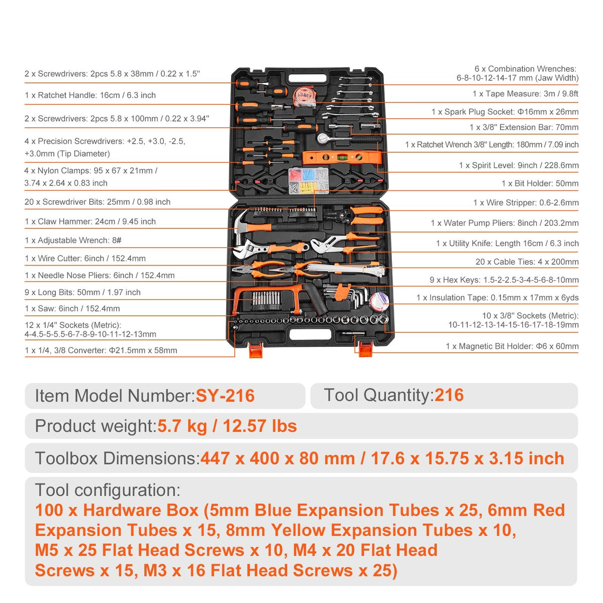 Tool Kit, 216 Piece General Household Hand Tool Set, Home Repairing Tool Kit with Portable Tool Storage Case, High-Quality Steel, for Home Maintenance, DIY Projects, and Automotive Repair