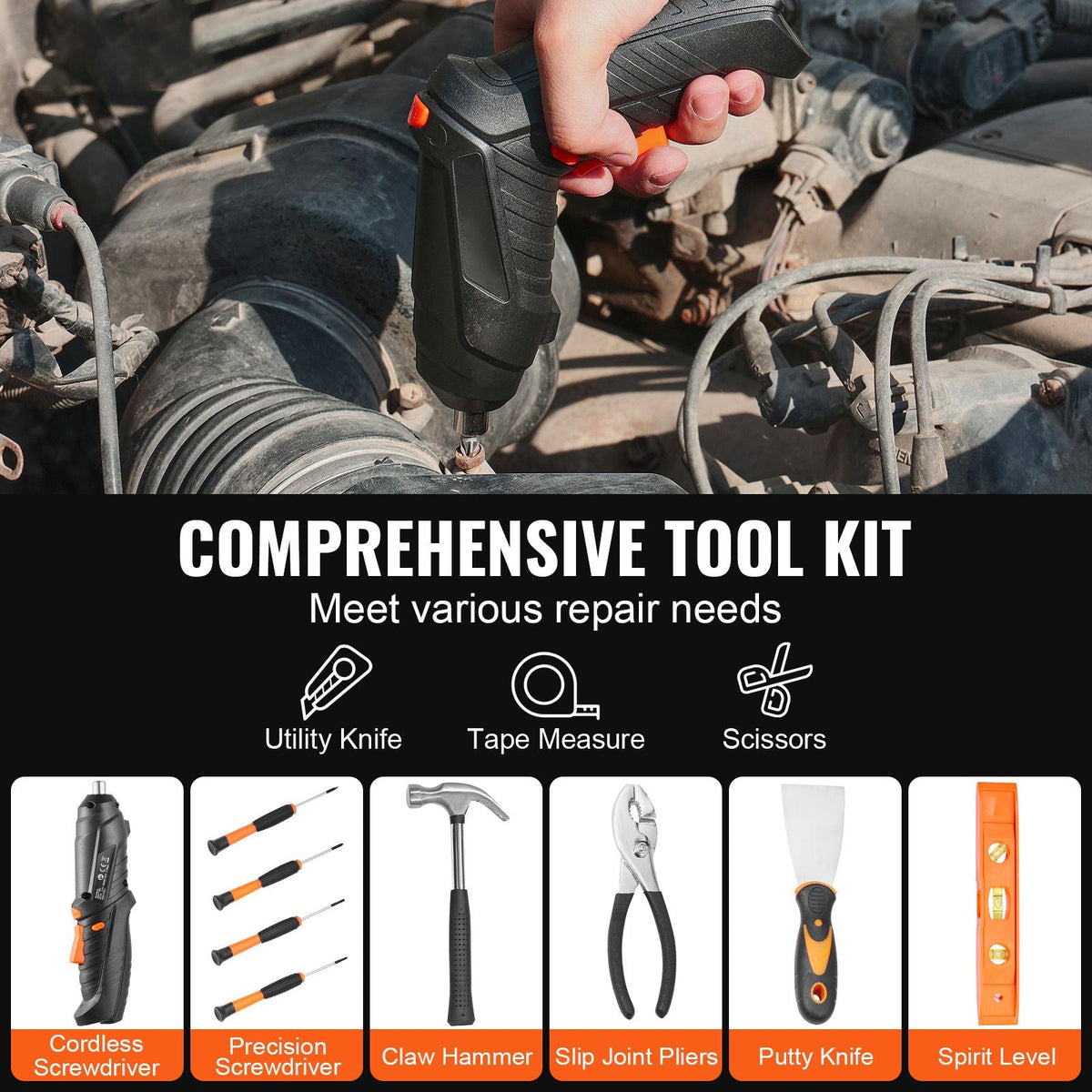 Tool Kit, 96 Piece General Household Hand Tool Set, with Cordless Screwdriver and Portable Tool Storage Case, High-Quality Steel, for Home Maintenance, DIY Projects, and Automotive Repair