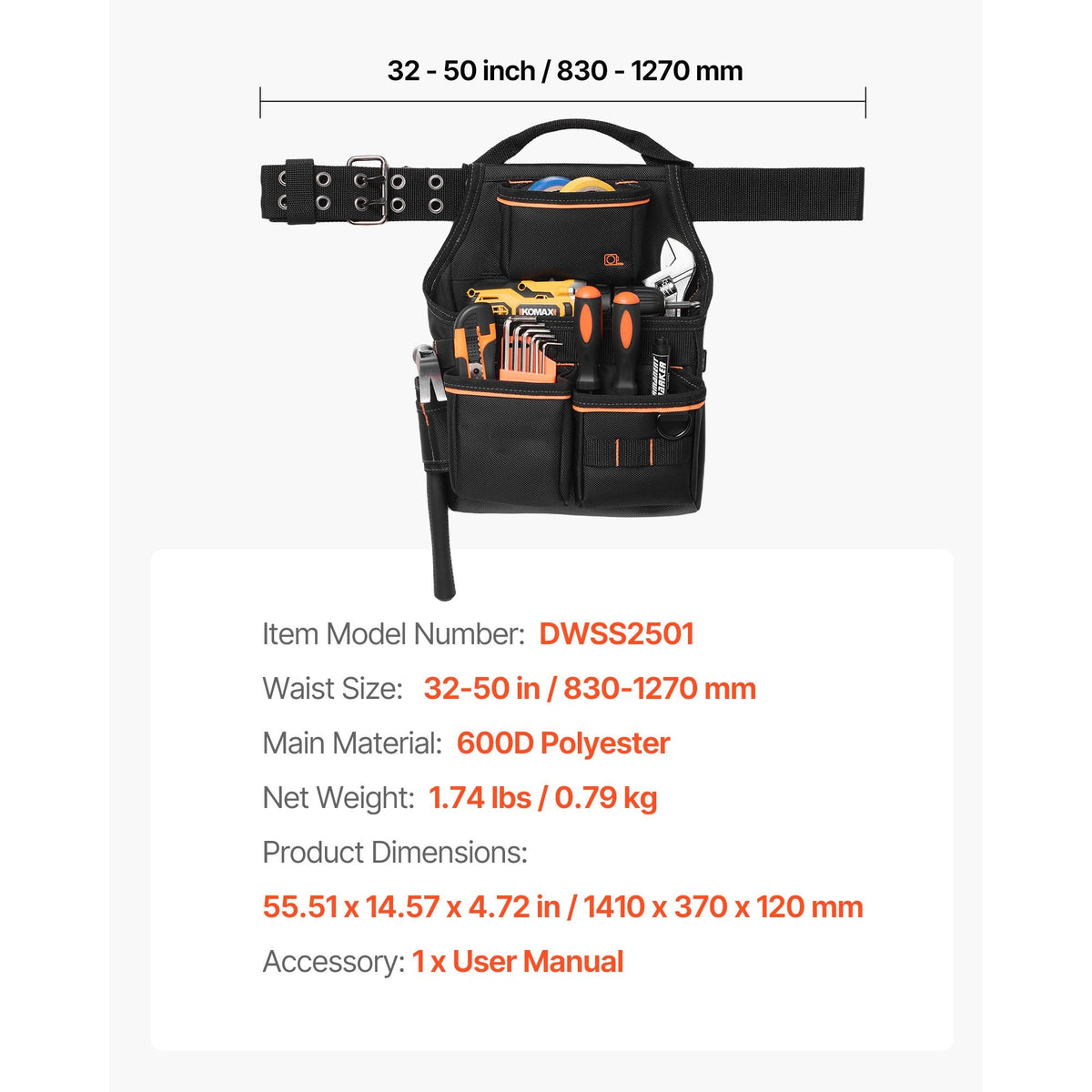 Tool Pouch with Belt, 14 Pockets Professional Tool Belt Pouch for Men, Heavy Duty Detachable Adjustable Utility Work Bag for Electrician, Carpenter, Construction, Adjusts Waist 32 to 50 Inches