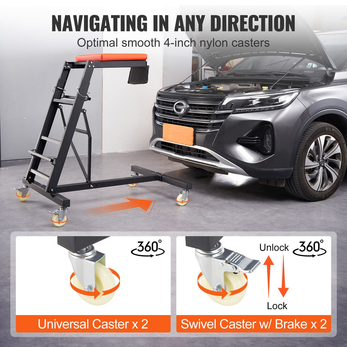 Top Automotive Creeper, Engine Creeper with Adjustable Height 45.7" to 66.3", 400 LBS Capacity High Creeper, 4 Swivel Caster Wheels, Heavy Duty Creeper for Auto Repair and Maintenance