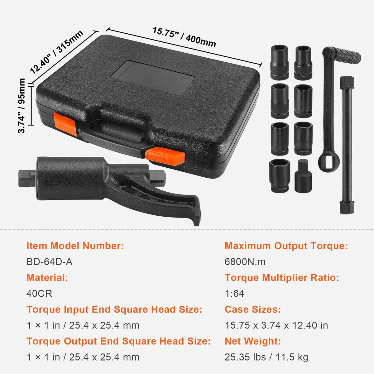 Torque Multiplier, 1 Inch Drive Lug Nut Wrench/Multiplier Heavy Duty Torque Multiplier Wrench Set, 1:64 6,800N.m Lug Nut Remover, Includes 8 Sockets (24-38mm) and Storage Case