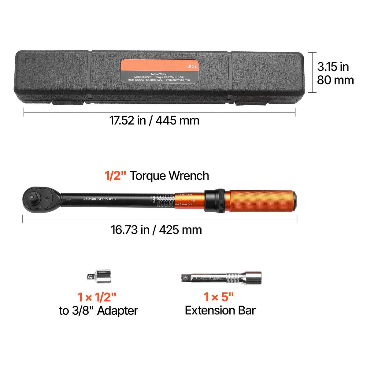 Torque Wrench, 1/2-inch Drive Click Torque Wrench, 14.8-162.4 lbf-ft / 20-220 N.m, Dual Scale Readings, ±3% High Precision, with Extension Bar, Adapter and Storage Case, for Automotive Repair