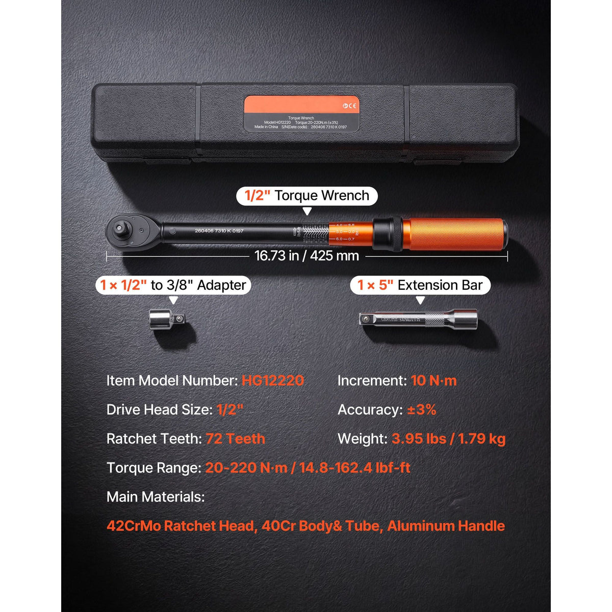 Torque Wrench, 1/2-inch Drive Click Torque Wrench, 14.8-162.4 lbf-ft / 20-220 N.m, Dual Scale Readings, ±3% High Precision, with Extension Bar, Adapter and Storage Case, for Automotive Repair
