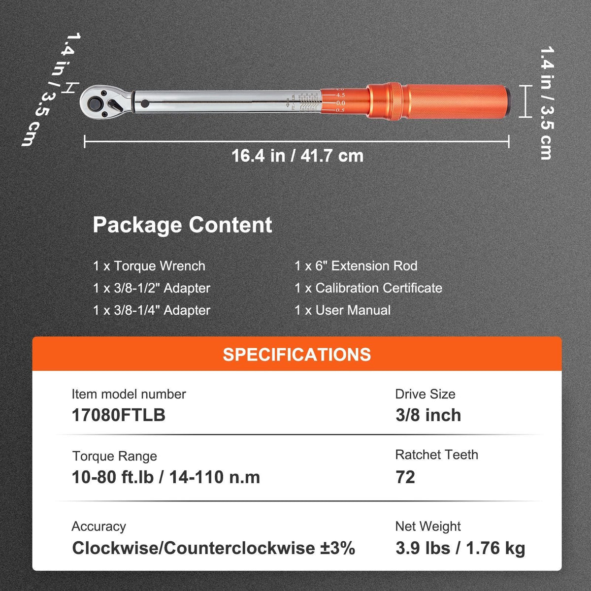 Torque Wrench, 3/8-inch Drive Click Torque Wrench 10-80ft.lb/14-110n.m, Dual-Direction Adjustable Torque Wrench Set, Mechanical Dual Range Scales Torque Wrench Kit with Adapters Extension Rod