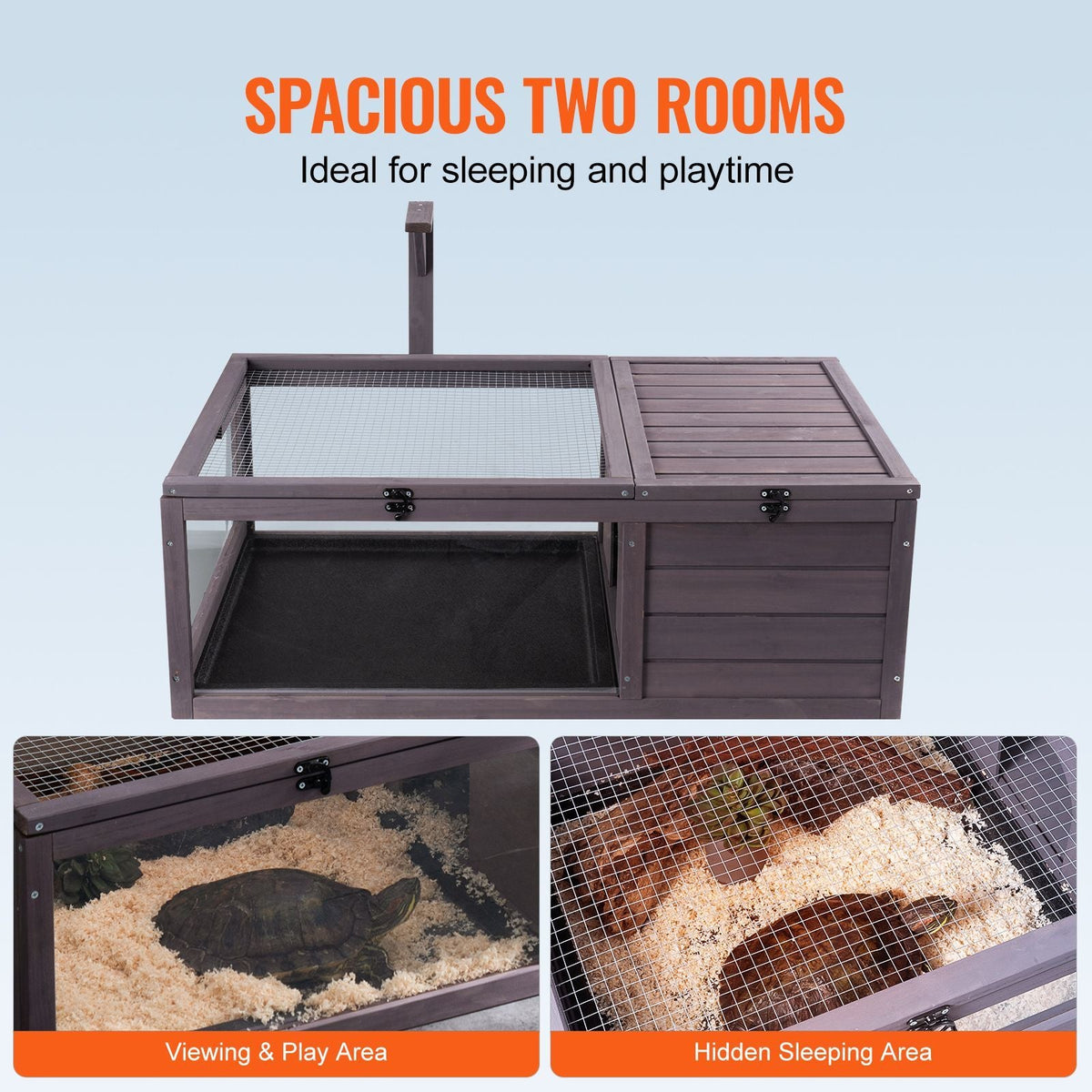 Tortoise Habitat, Wooden Tortoise House Indoor & Outdoor, Tortoise Enclosure with Hanging Light Stand, 2-Room Reptile Enclosure Small Animal Cage for Gecko, Lizard, Snake 38 x24 x13 inch