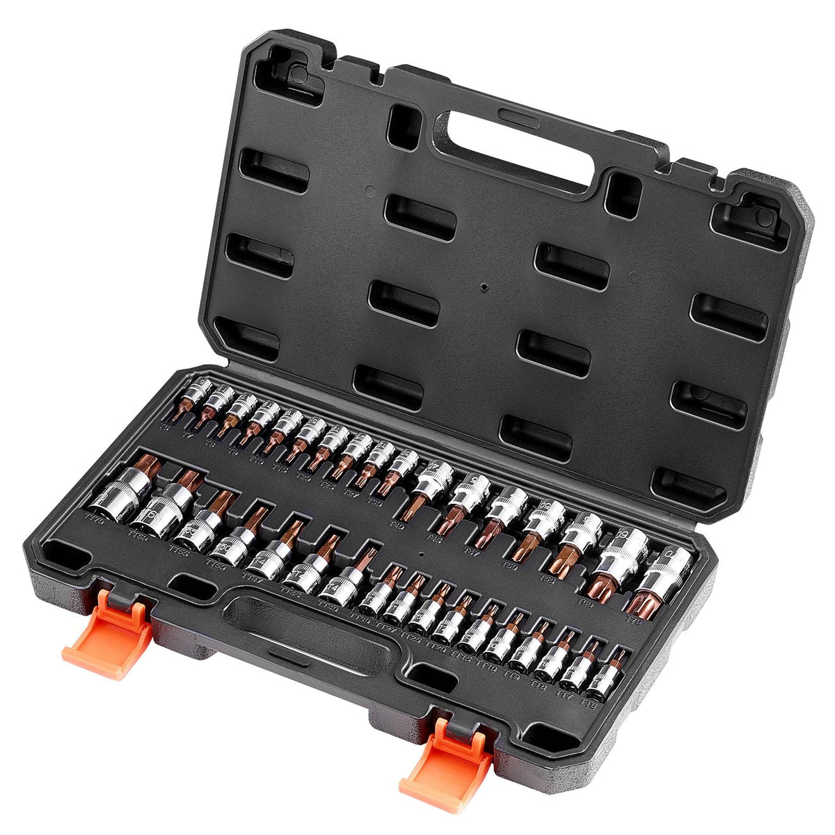 Torx Bit Socket Set, 34-Piece Solid Star and Tamper Proof T6-T70, S2 Alloy Steel and Cr-V Steel, 1/4 in, 3/8 in, and 1/2 in Drives, with Enhanced Storage Case, Torx Sockets for Hand Use