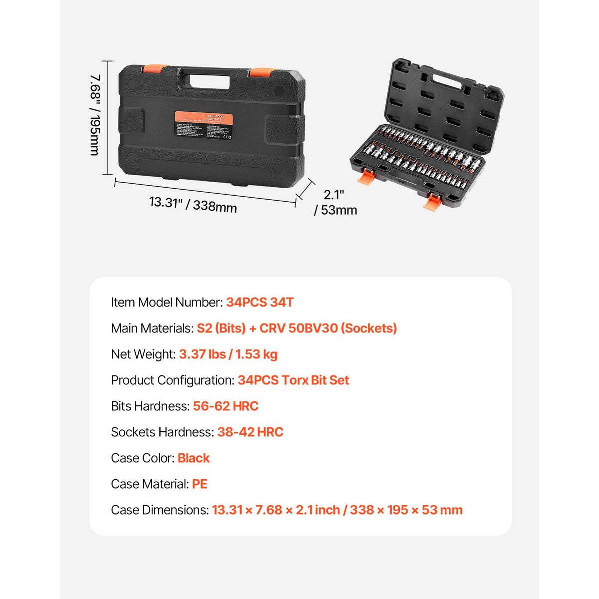Torx Bit Socket Set, 34-Piece Solid Star and Tamper Proof T6-T70, S2 Alloy Steel and Cr-V Steel, 1/4 in, 3/8 in, and 1/2 in Drives, with Enhanced Storage Case, Torx Sockets for Hand Use