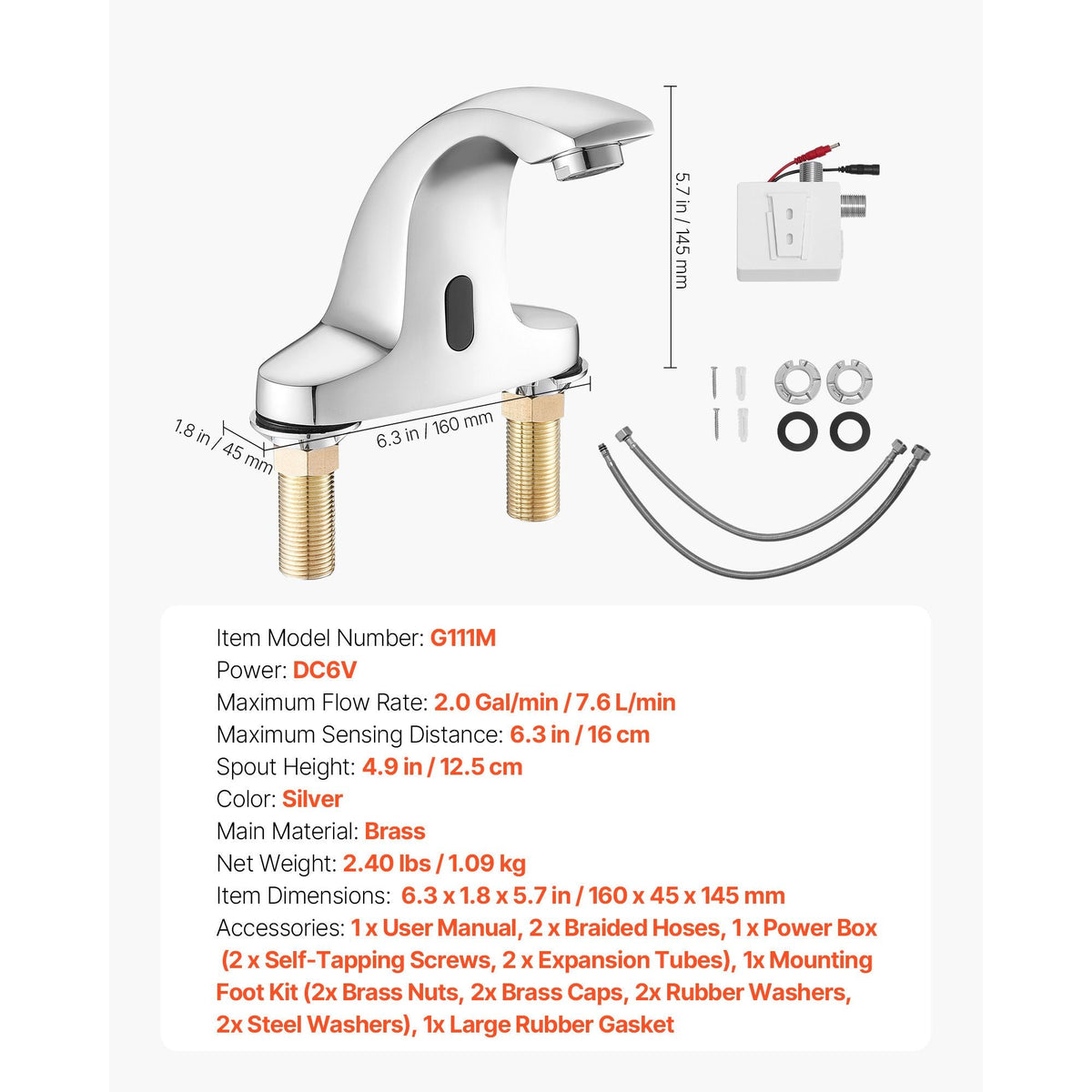 Touchless Bathroom Sink Faucet, Automatic Motion Sensor Restroom Toilet Faucet Cold Water with Hole Cover Plate, Battery Operated for 9/16 in Pipe Commercial Lavatory,Chrome Plated Silver