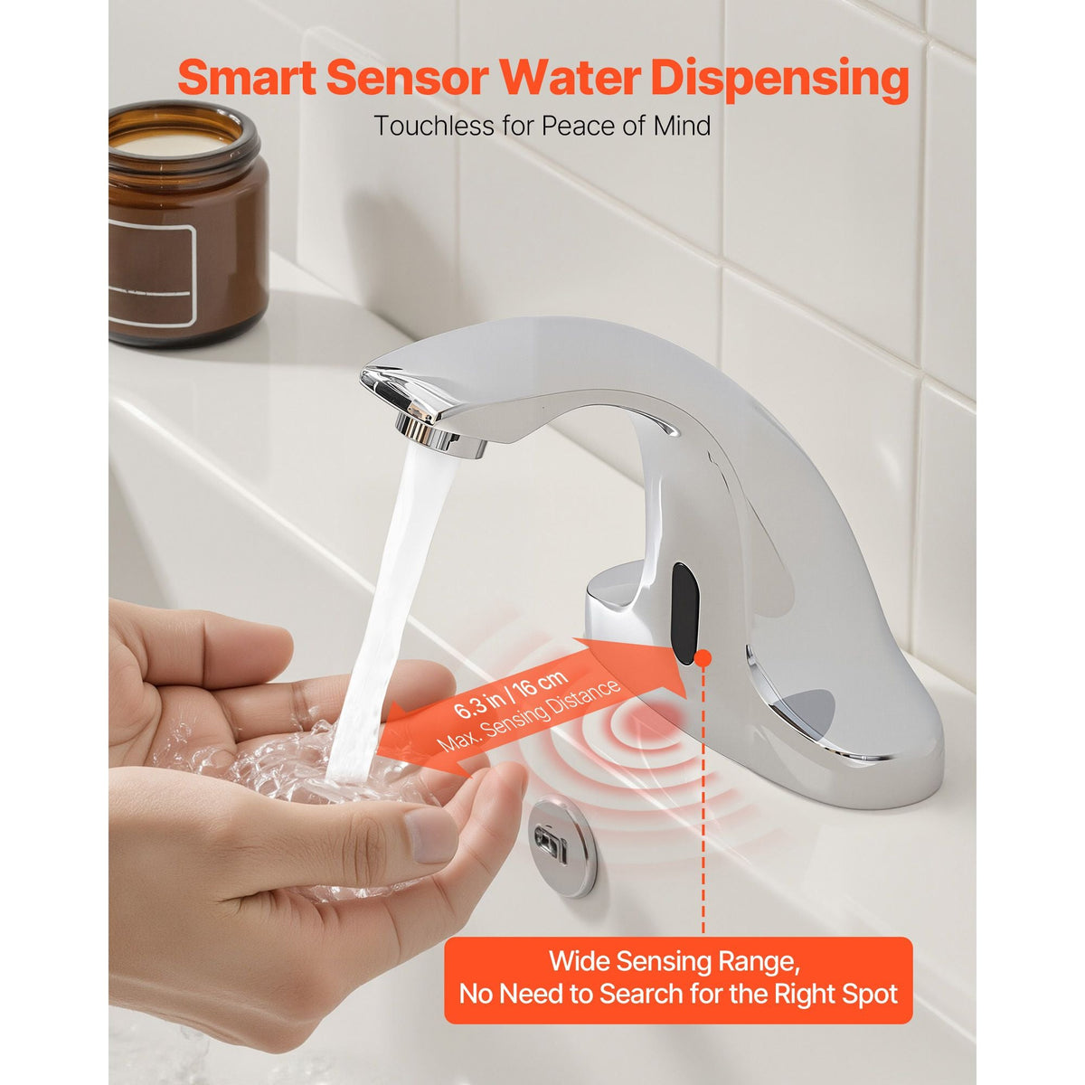 Touchless Bathroom Sink Faucet, Automatic Motion Sensor Restroom Toilet Faucet Cold Water with Hole Cover Plate, Battery Operated for 9/16 in Pipe Commercial Lavatory,Chrome Plated Silver