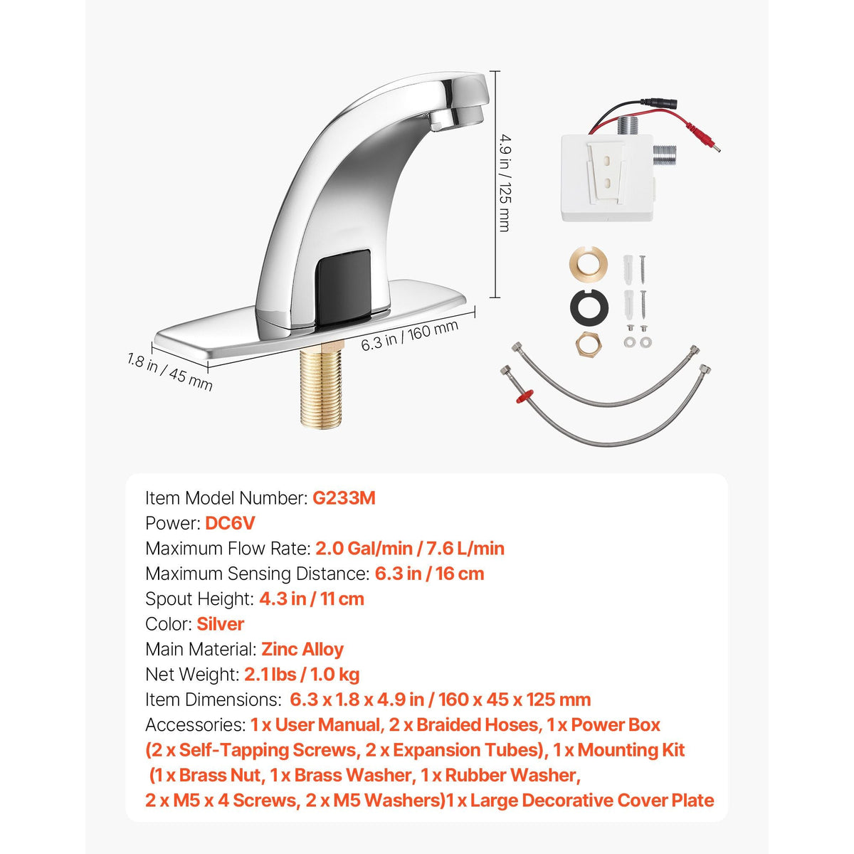 Touchless Bathroom Sink Faucet, Automatic Motion Sensor Restroom Toilet Faucet Cold Water with Hole Cover Plate, Battery Operated for 9/16 in Pipe Commercial Lavatory,Chrome Plated Silver,G233M