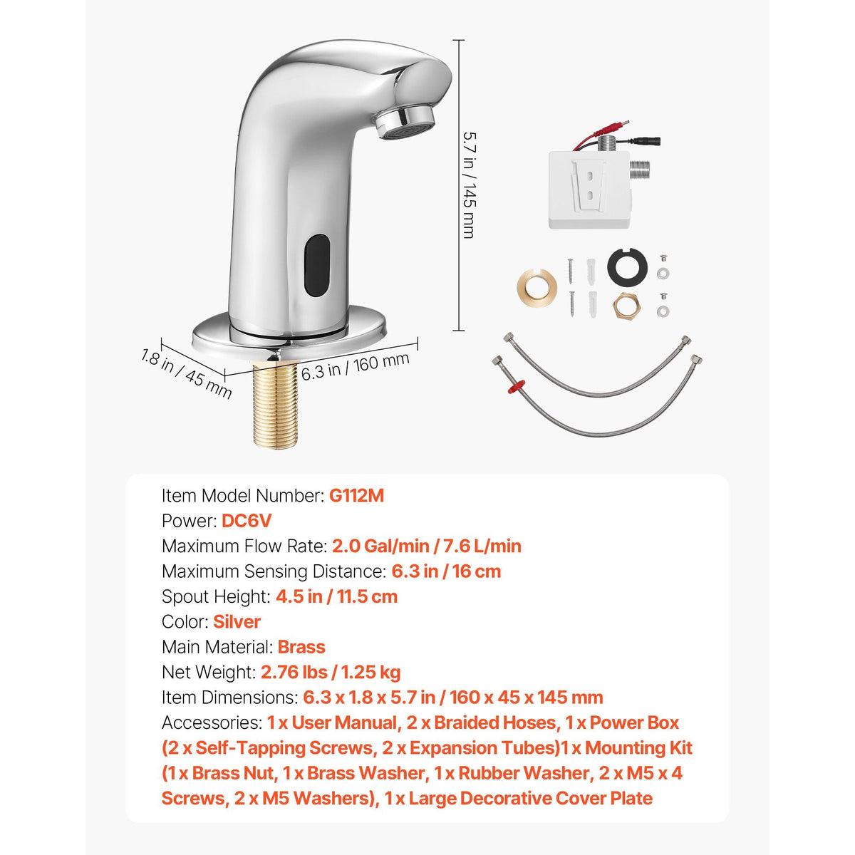 Touchless Bathroom Sink Faucet, Automatic Motion Sensor Restroom Toilet Faucet Cold Water with Hole Cover Plate, Battery Operated for 9/16 in Pipe Commercial Lavatory,Chrome Plated Silver G112M
