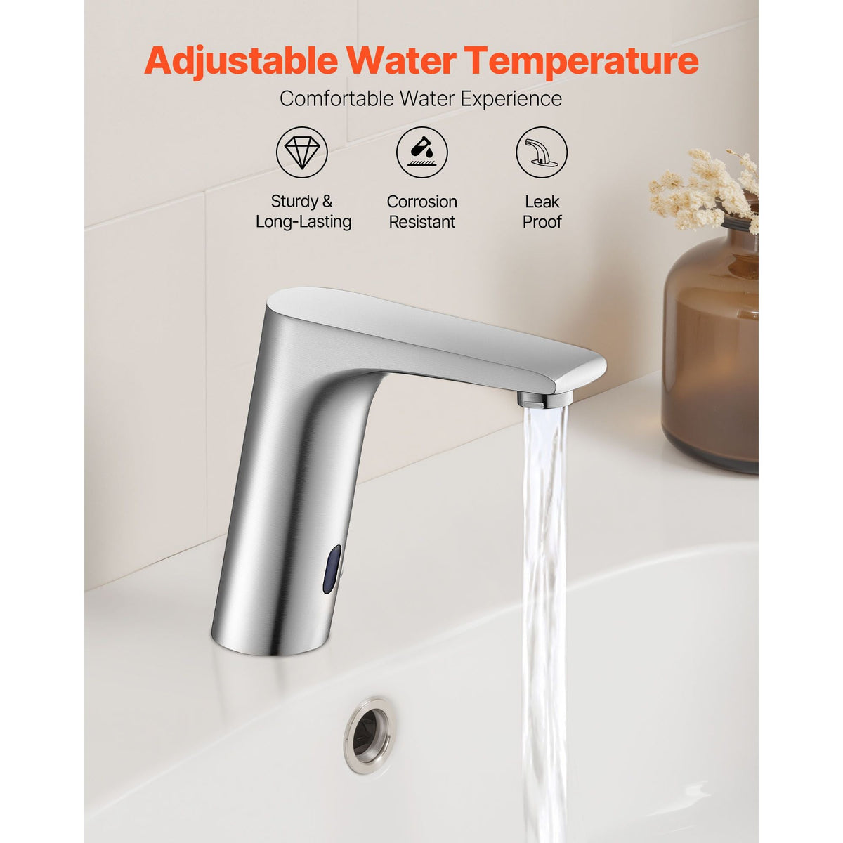 Touchless Bathroom Sink Faucet, Automatic Motion Sensor Restroom Toilet Faucet, HandsFree Adjustable Cold Hot Single Handle Water Mixer Battery Operated for 9/16 in Pipe,Brushed Nickel Silver