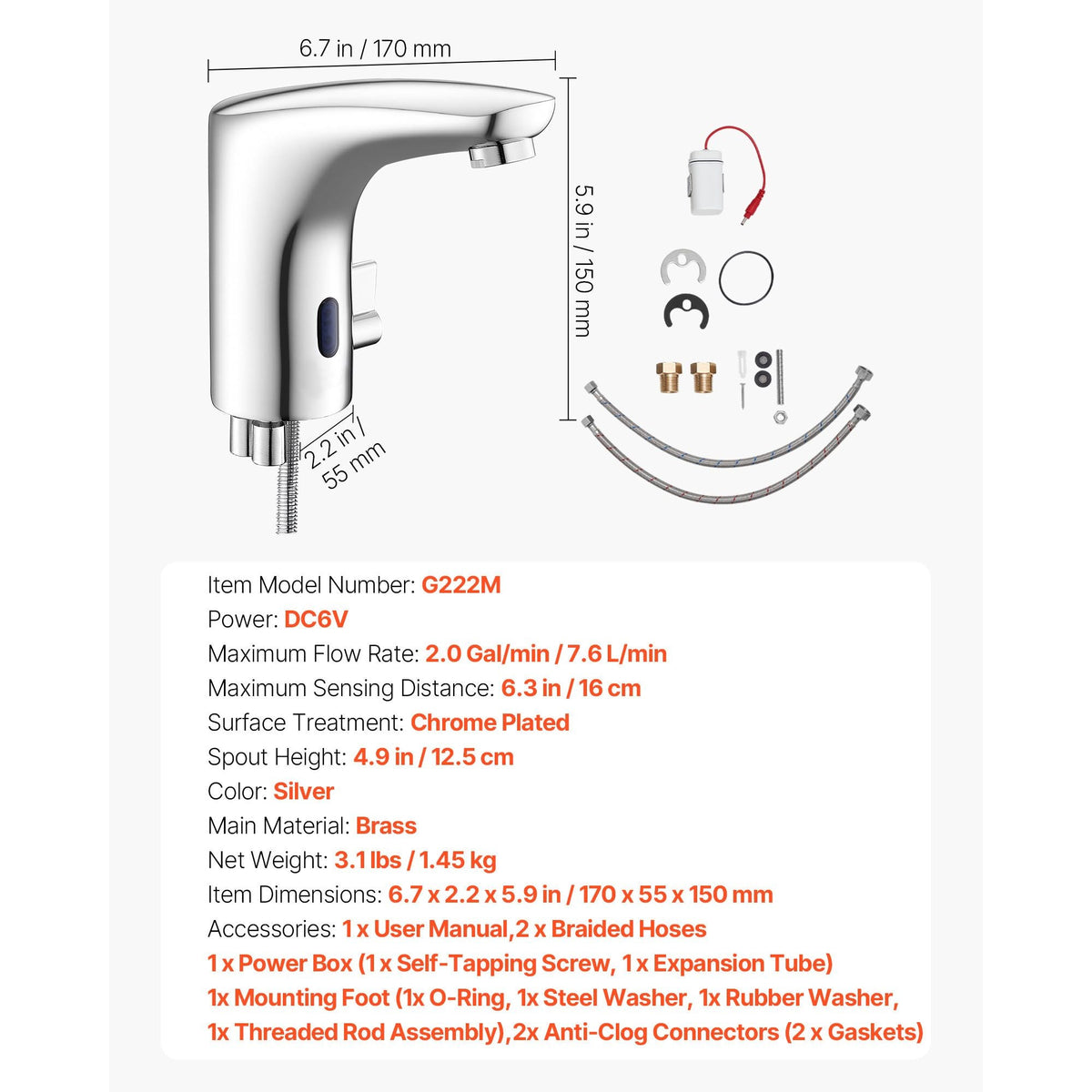 Touchless Bathroom Sink Faucet, Automatic Motion Sensor Restroom Toilet Faucet, HandsFree Adjustable Cold Hot Single Handle Water Mixer Battery Operated for 9/16 in Pipe,Chrome Plated Silver